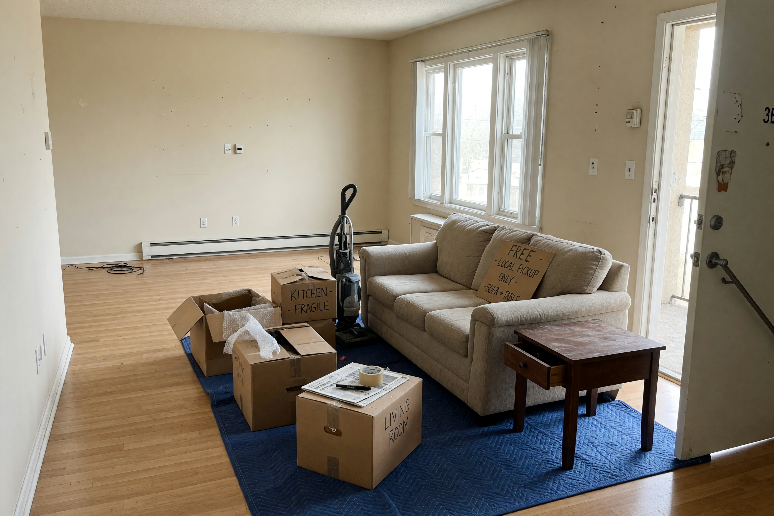 Sala de apartamento con sofa usado listo para recogida gratis durante una mudanza
