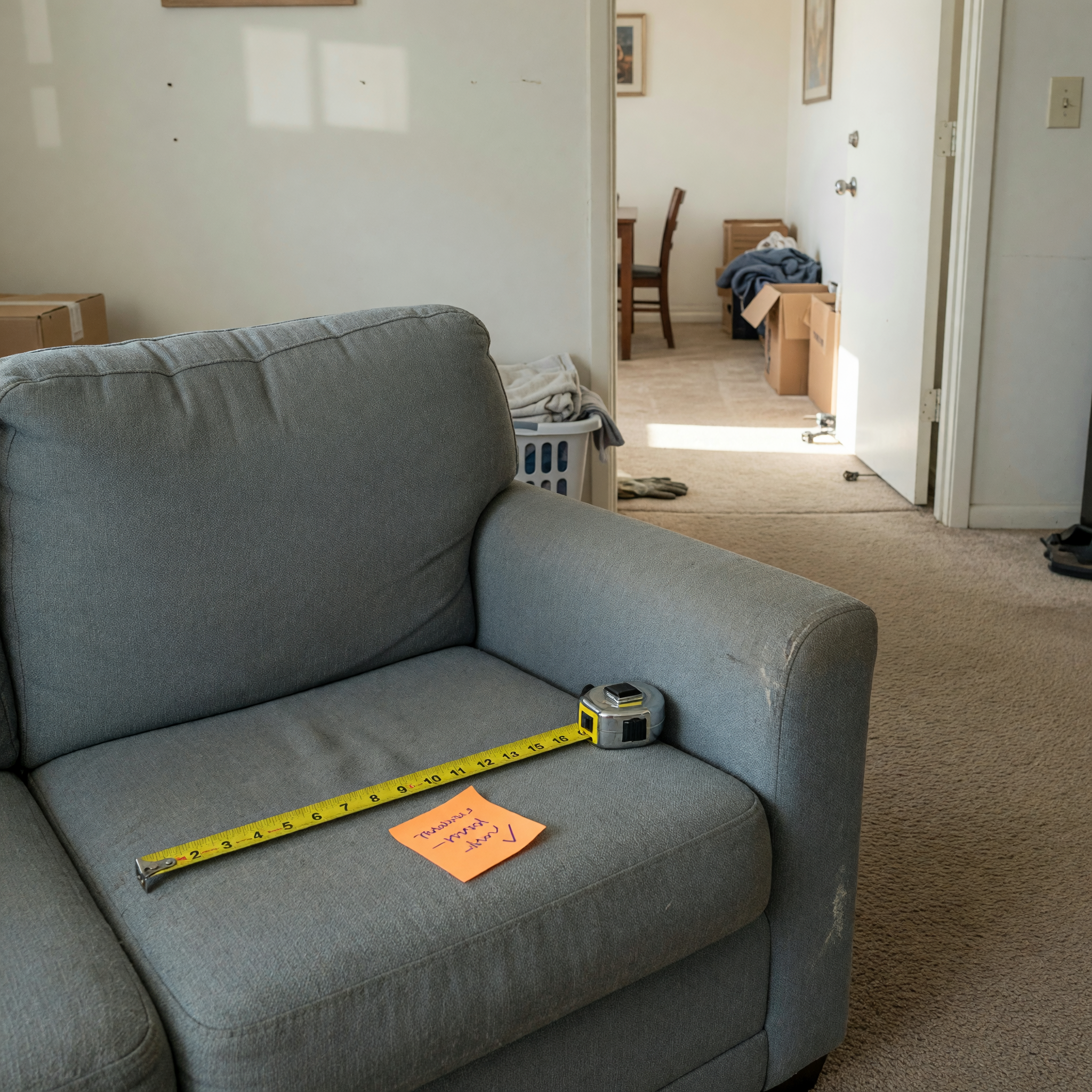 Sofa usado preparado para recogida con cinta de medir y camino despejado