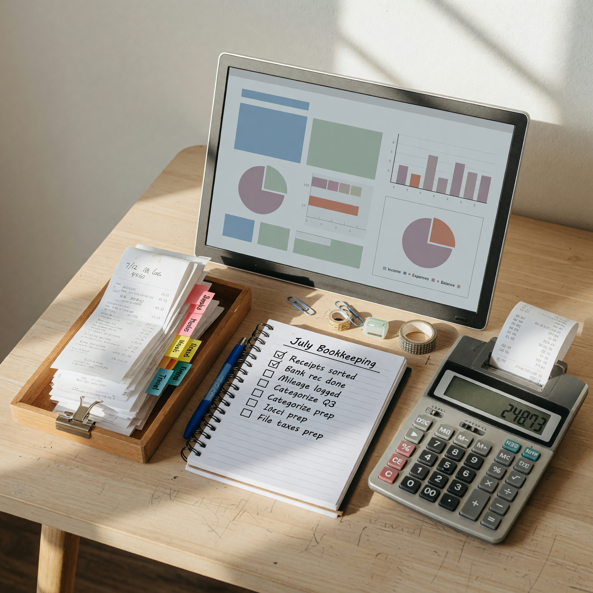 Bookkeeping workspace with laptop spreadsheet, calculator, receipt stack, and monthly reconciliation checklist