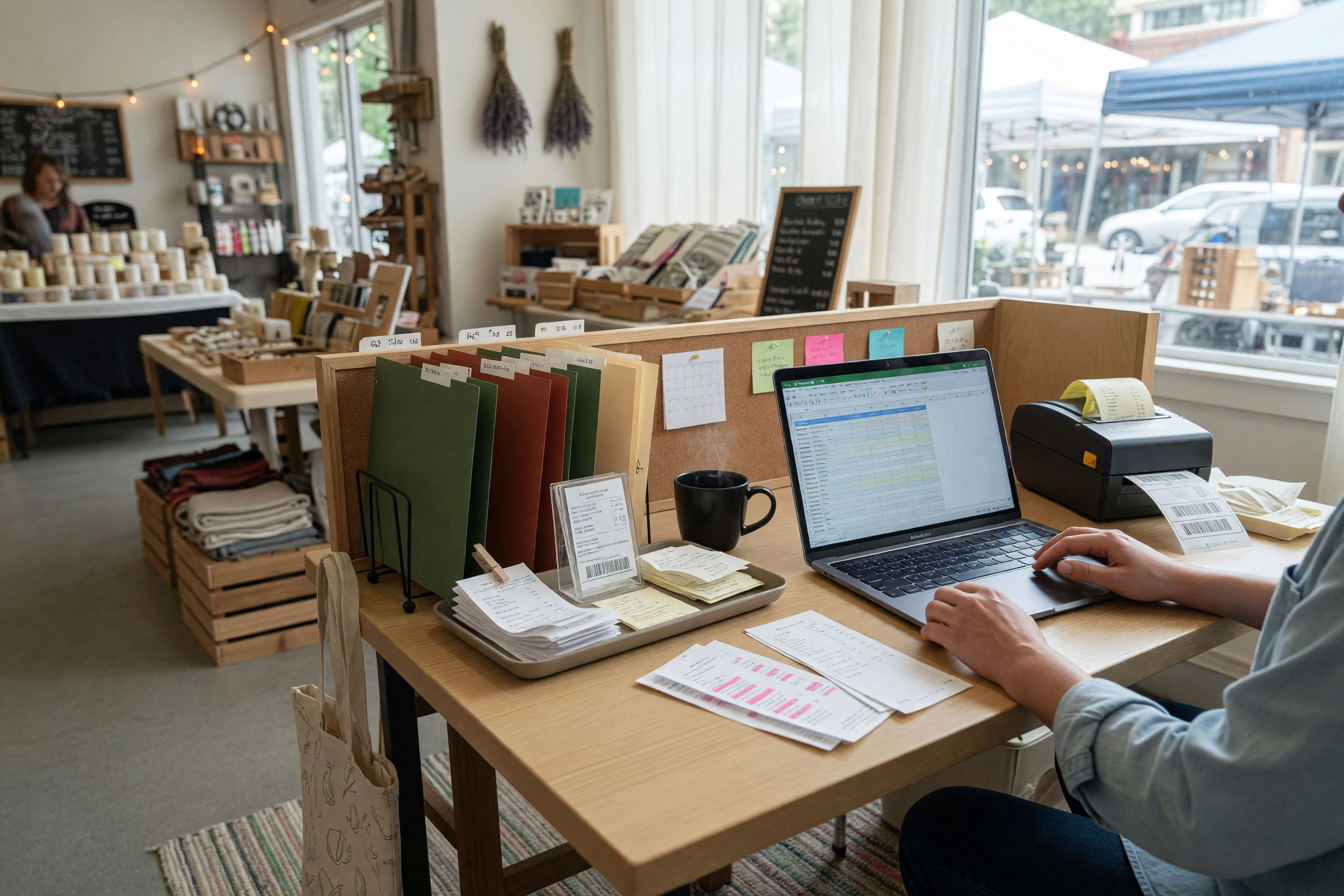 Small business desk with a laptop, receipts, folders, and a spreadsheet prepared for a remote data entry task