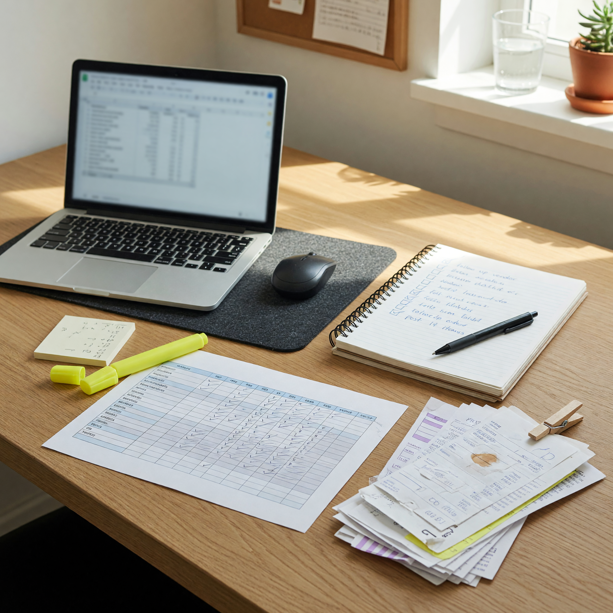 Laptop, checklist notebook, printed spreadsheet, and receipts arranged for a remote data entry task brief