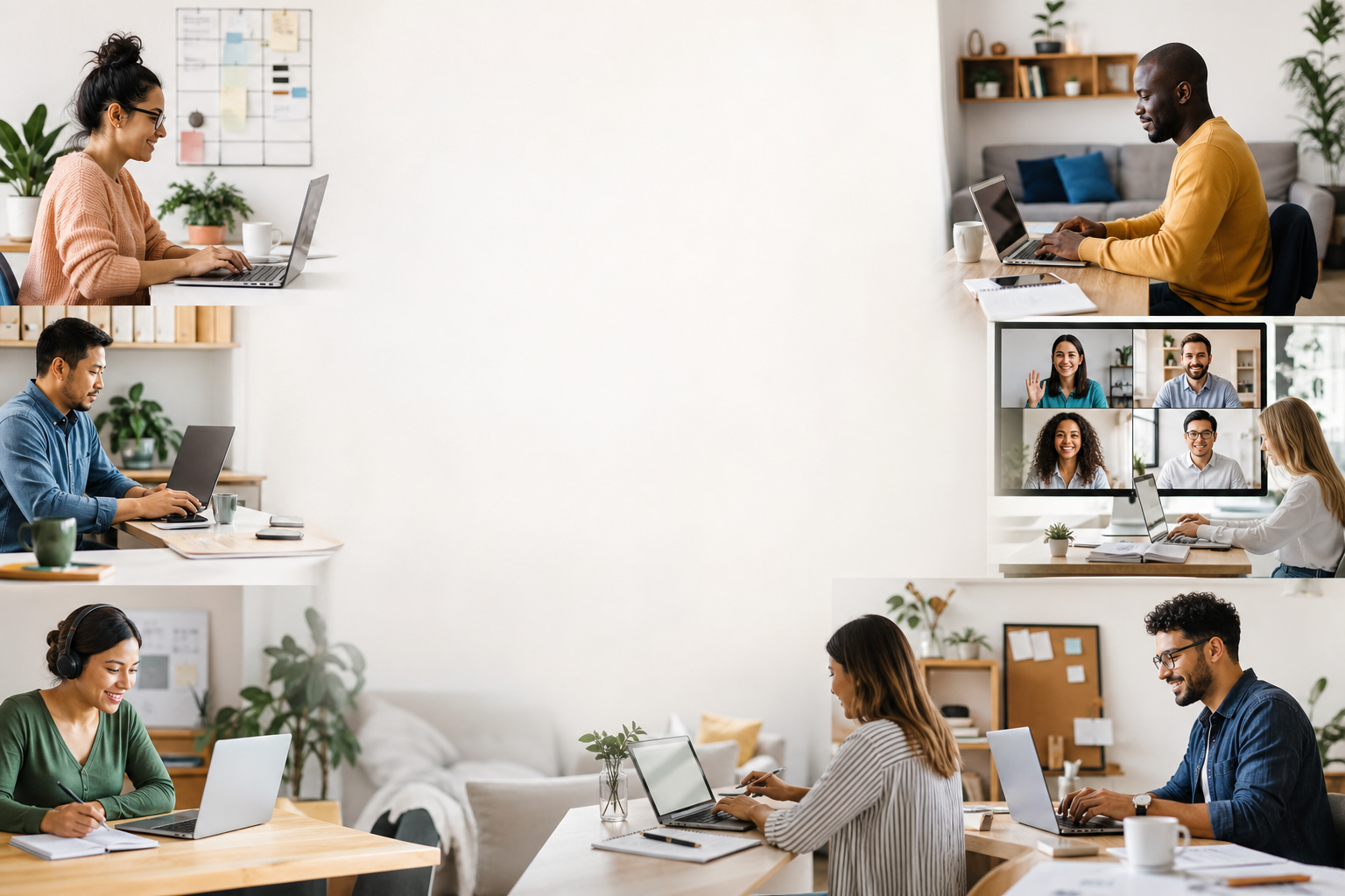 Remote workers and service providers collaborating online from home offices