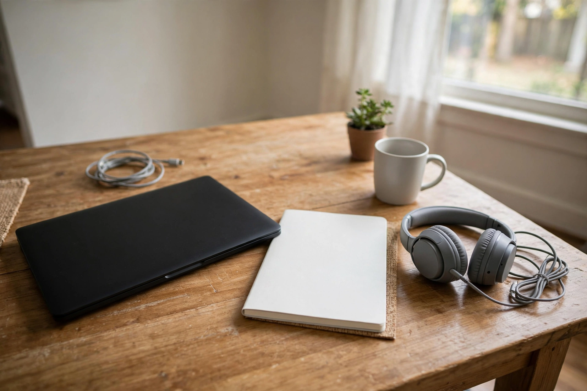A clean home workspace with a black laptop, white notebook, and gray headset on a wooden desk