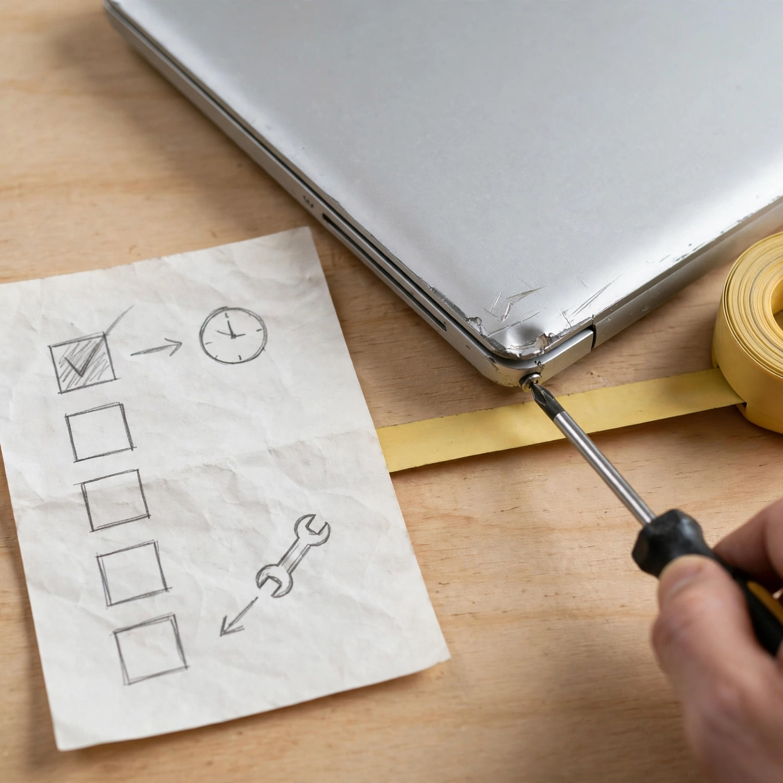 A close-up of a handwritten scope note beside the laptop showing one task and a turnaround time