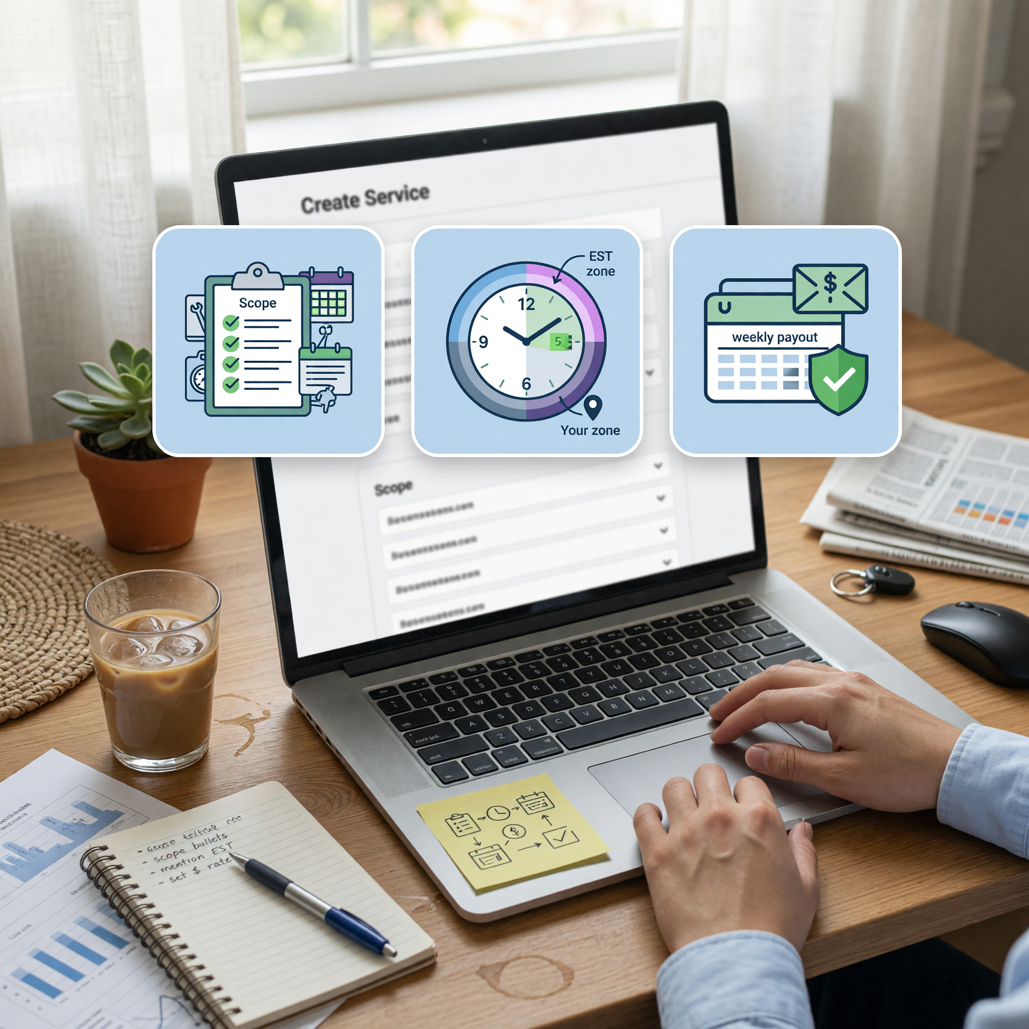 A remote professional preparing a service listing with clear details