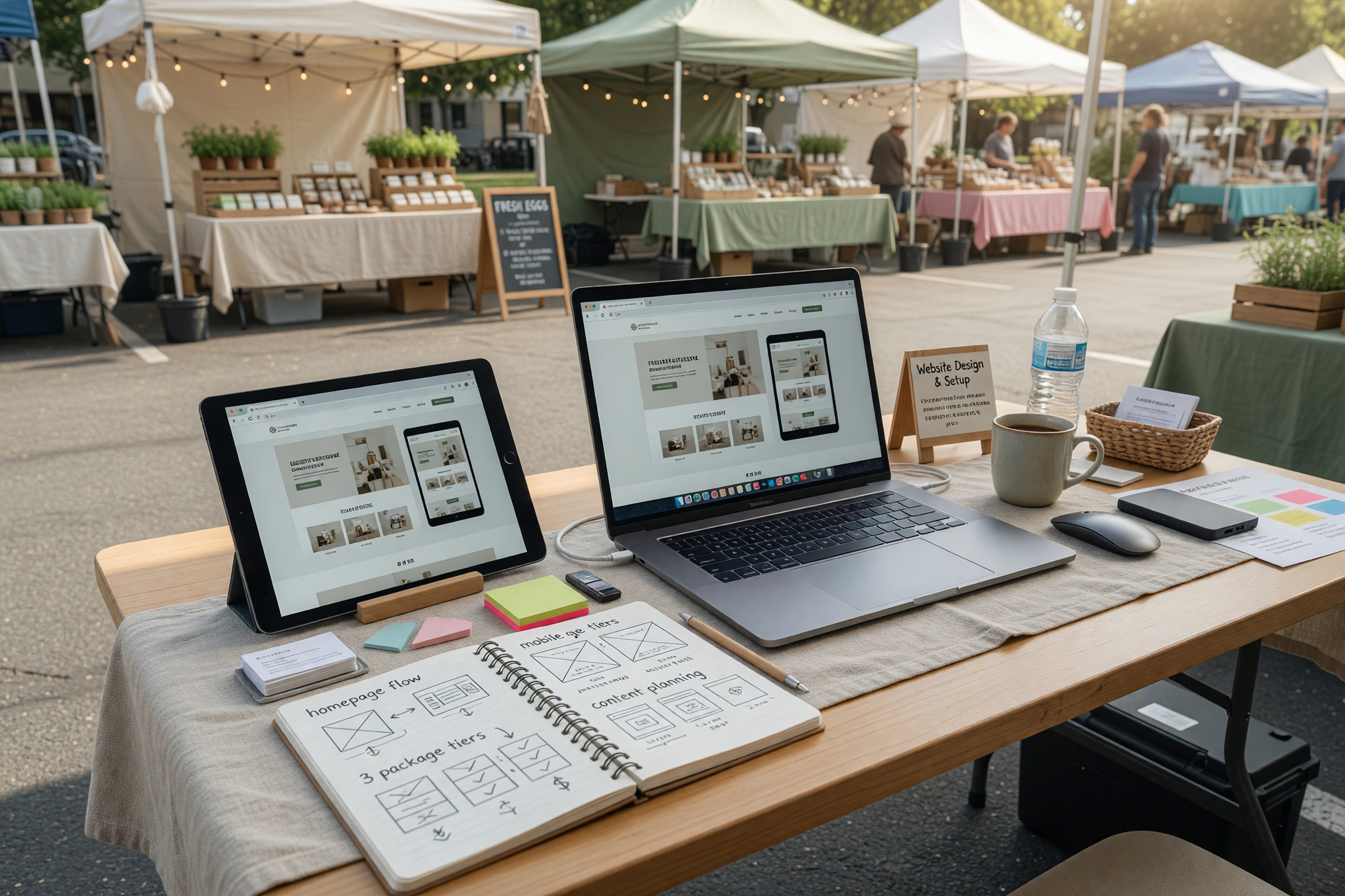 Freelance web designer planning a remote service listing at a desk with responsive website previews
