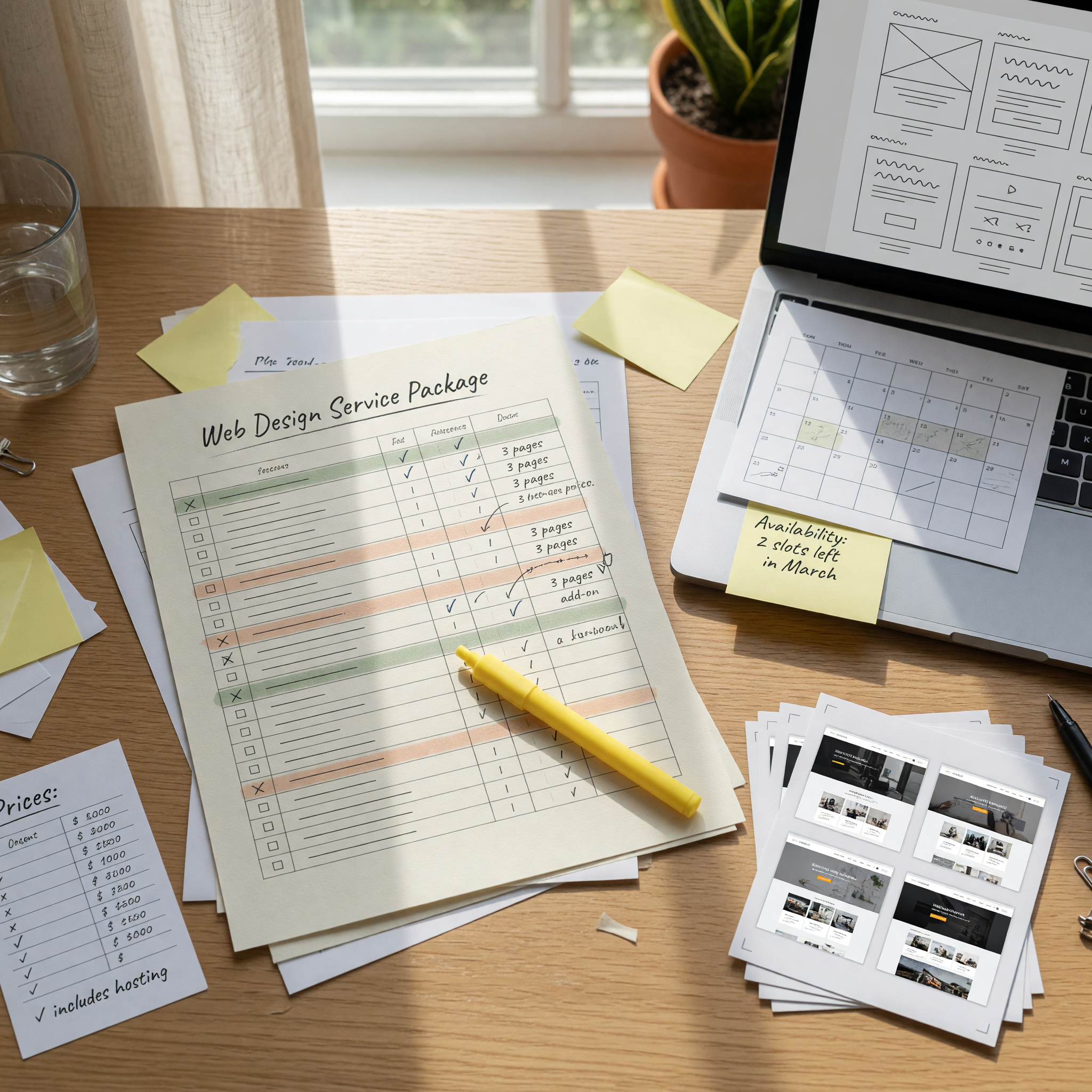 Web design package planning worksheet beside laptop wireframes and pricing notes
