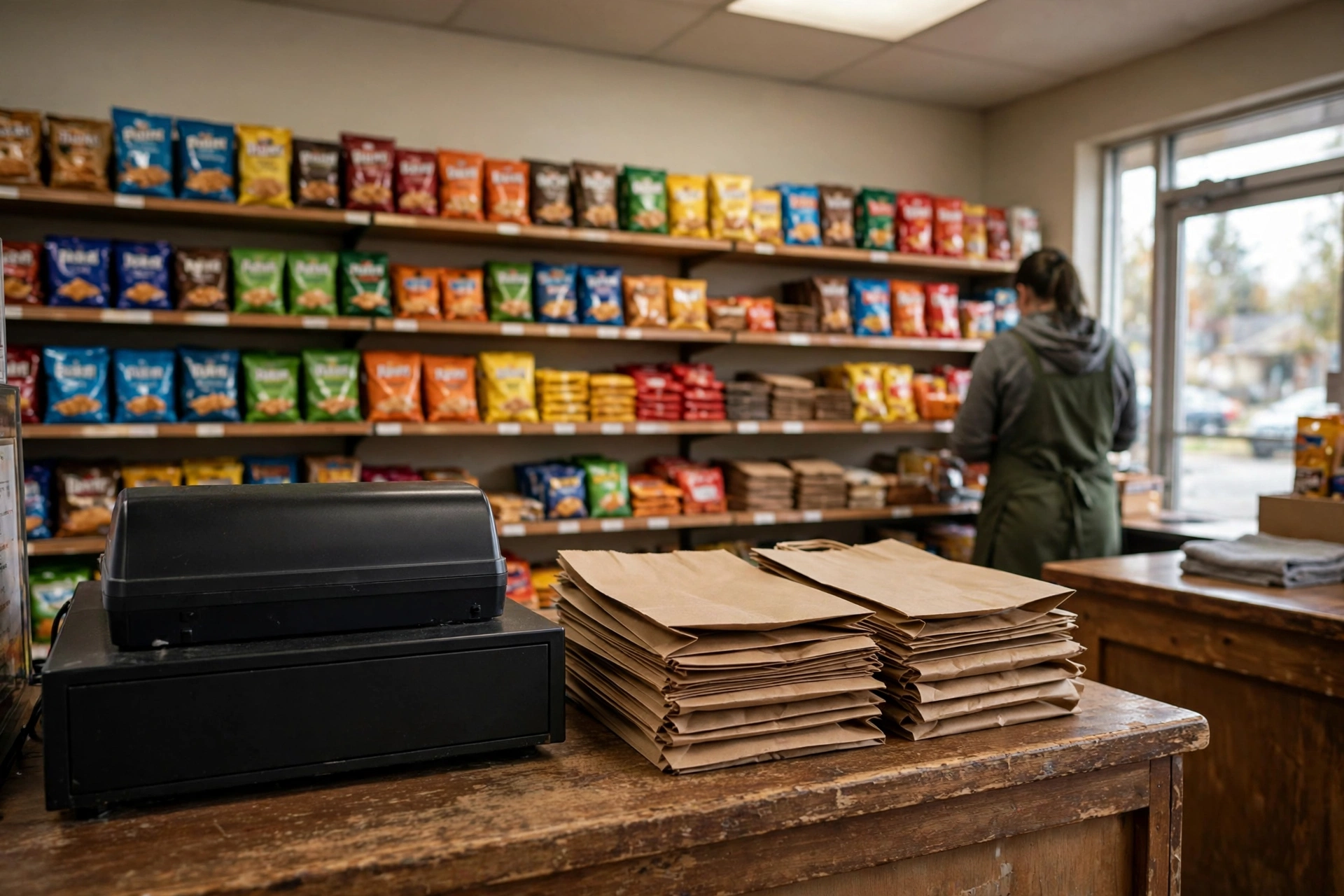 A small retail store checkout counter with a black register, folded shopping bags, and neatly arranged snack shelves in the background