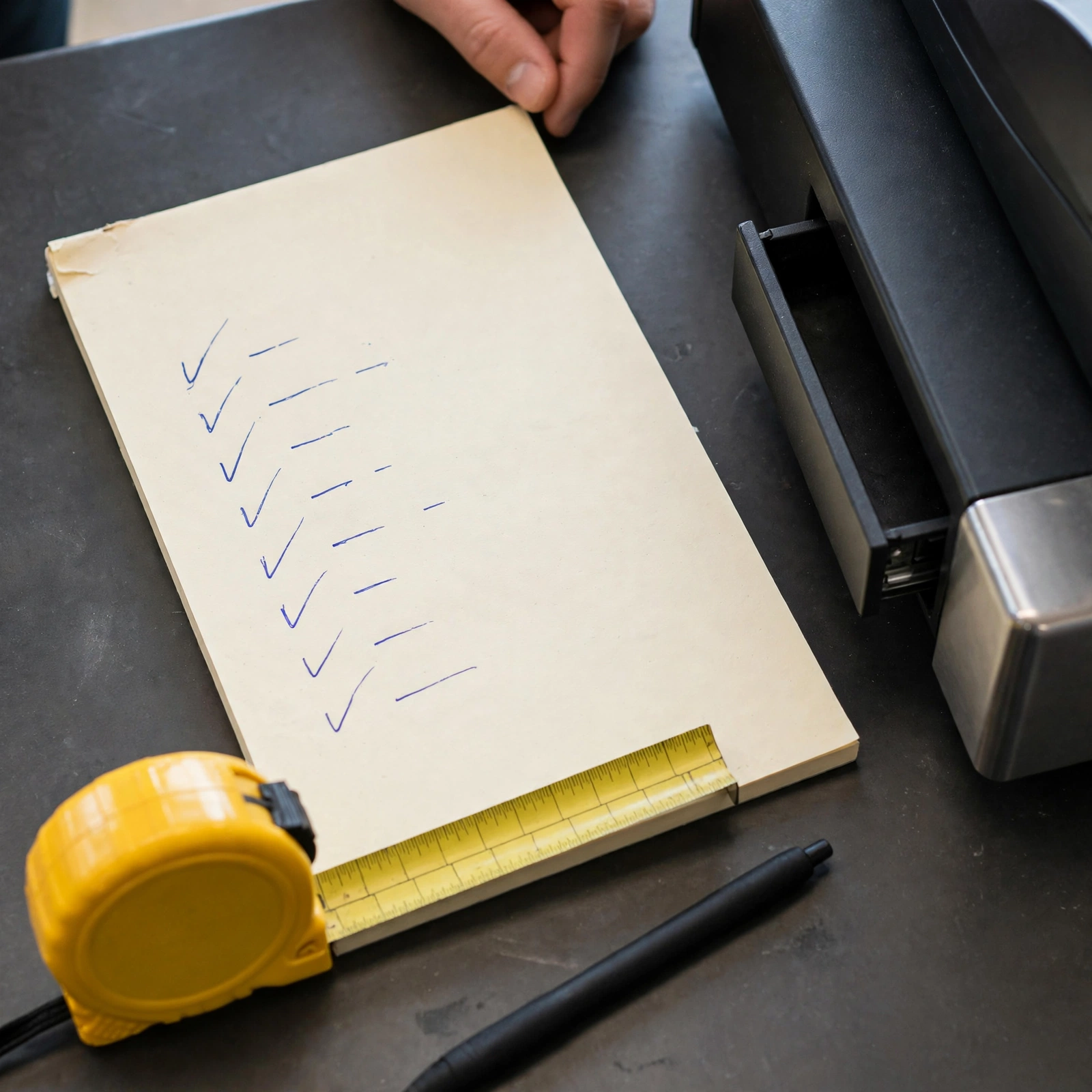A close view of a plain paper notepad beside the register with a written shift availability note and a pen on the counter