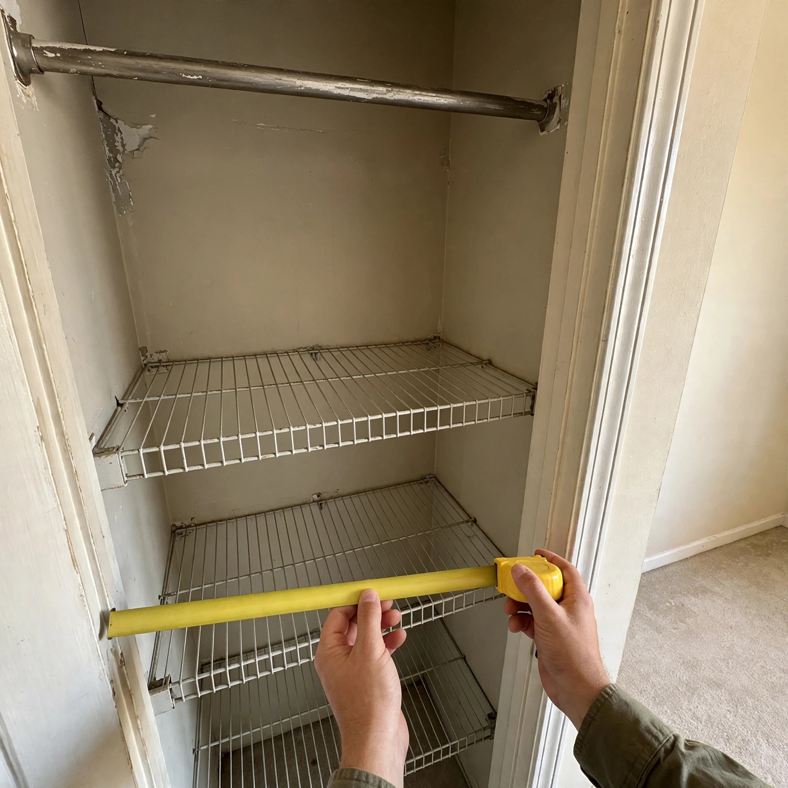 Open closet with an empty hanging rod and two wire shelves inside the bedroom