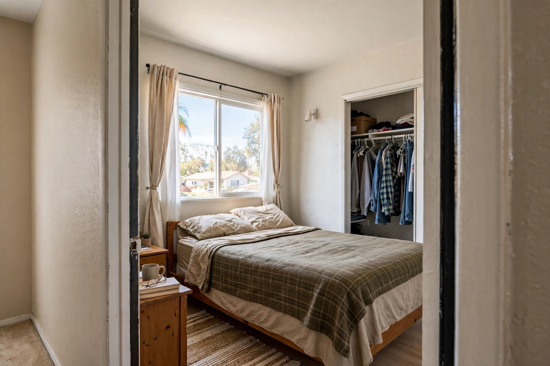 A furnished bedroom shown from the doorway with a bed, window, and closet visible