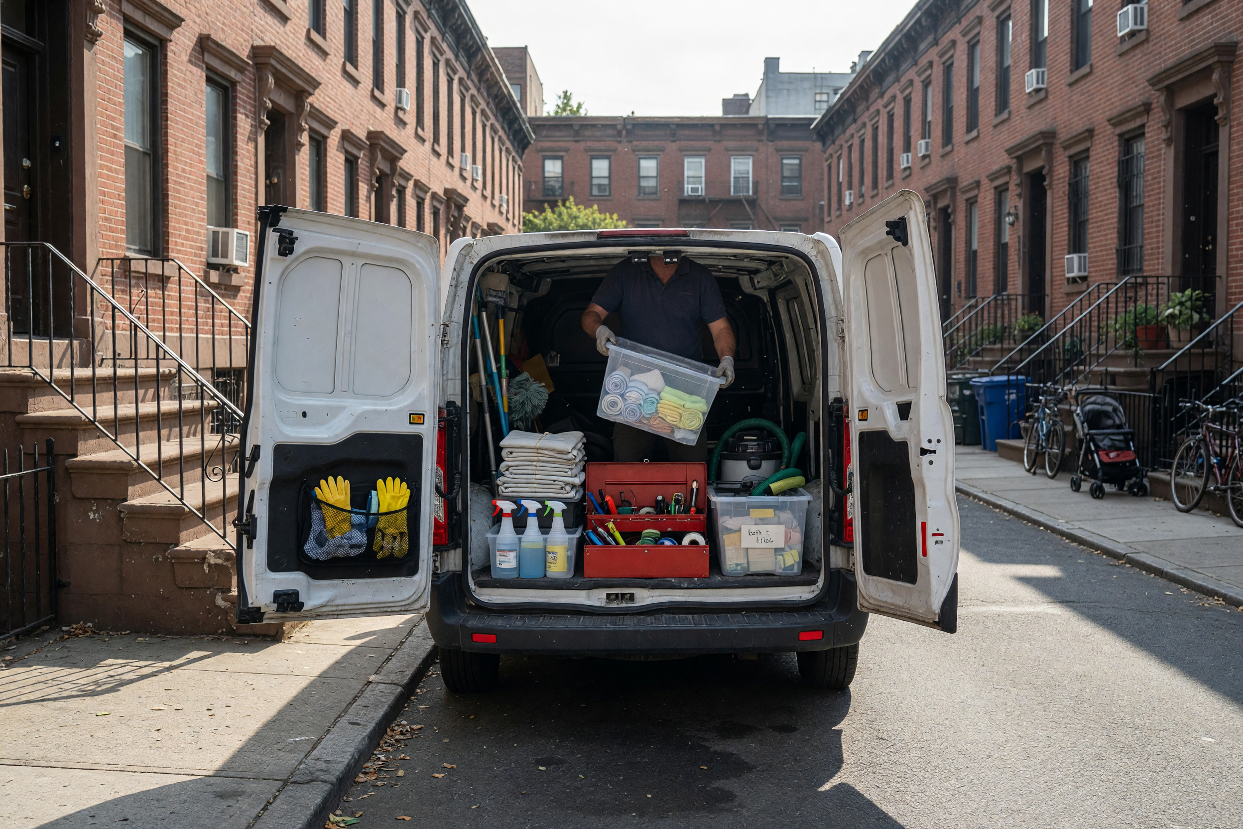 Local service provider loading organized supplies and tools into a van on a dense city residential street