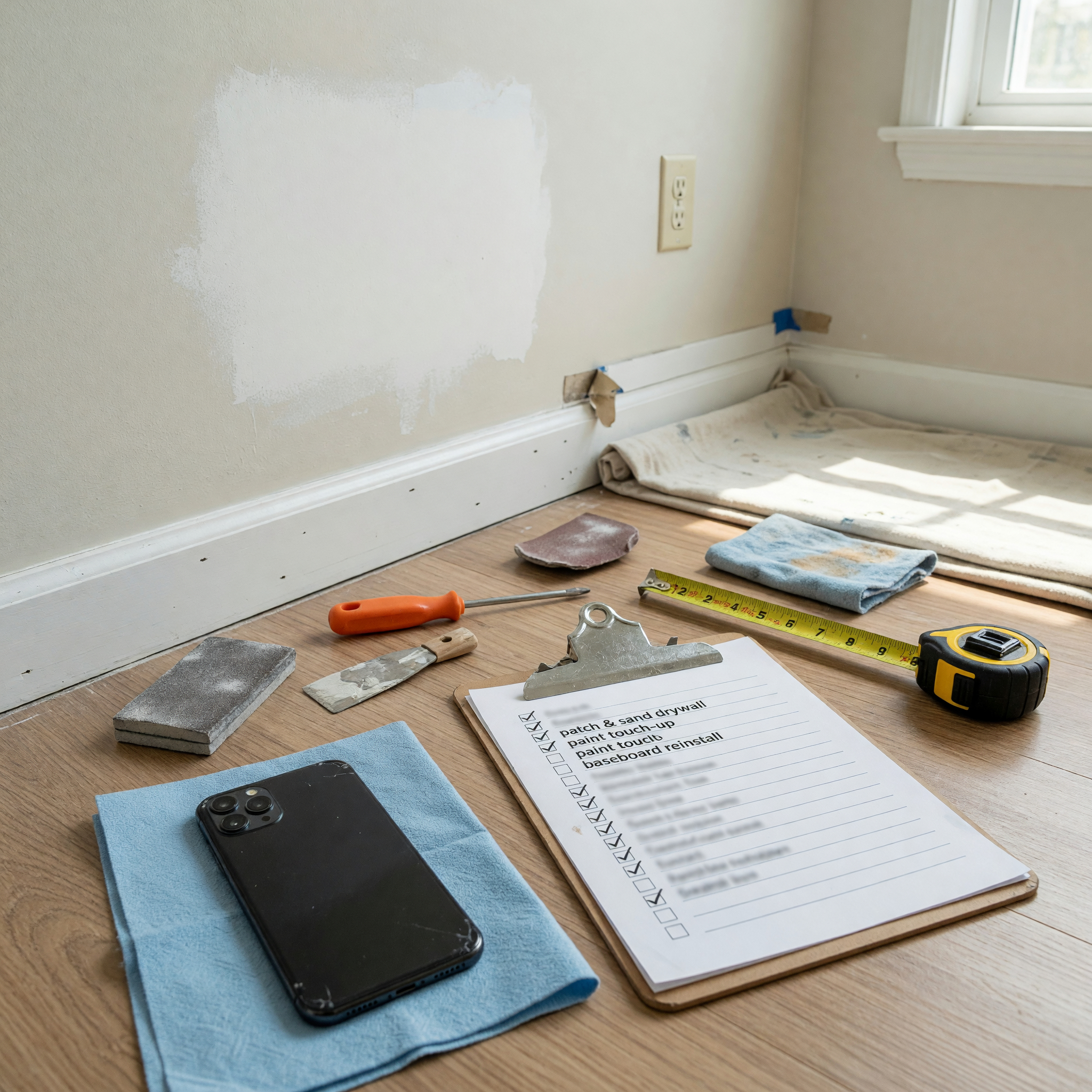 Service provider taking a proof photo of completed apartment repair work beside tools and a checklist