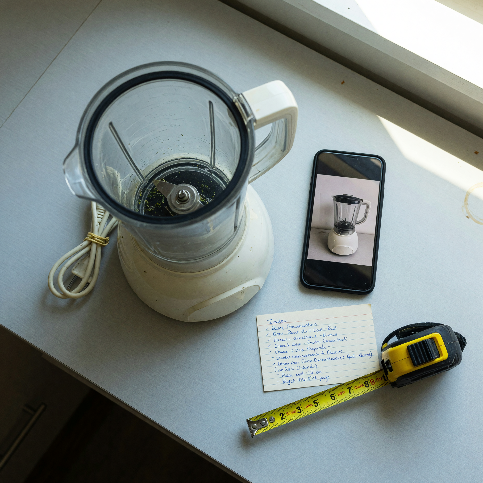 A used blender on a clean kitchen counter next to a smartphone showing a photo of it, a handwritten note card listing its condition and measurements, and a tape measure