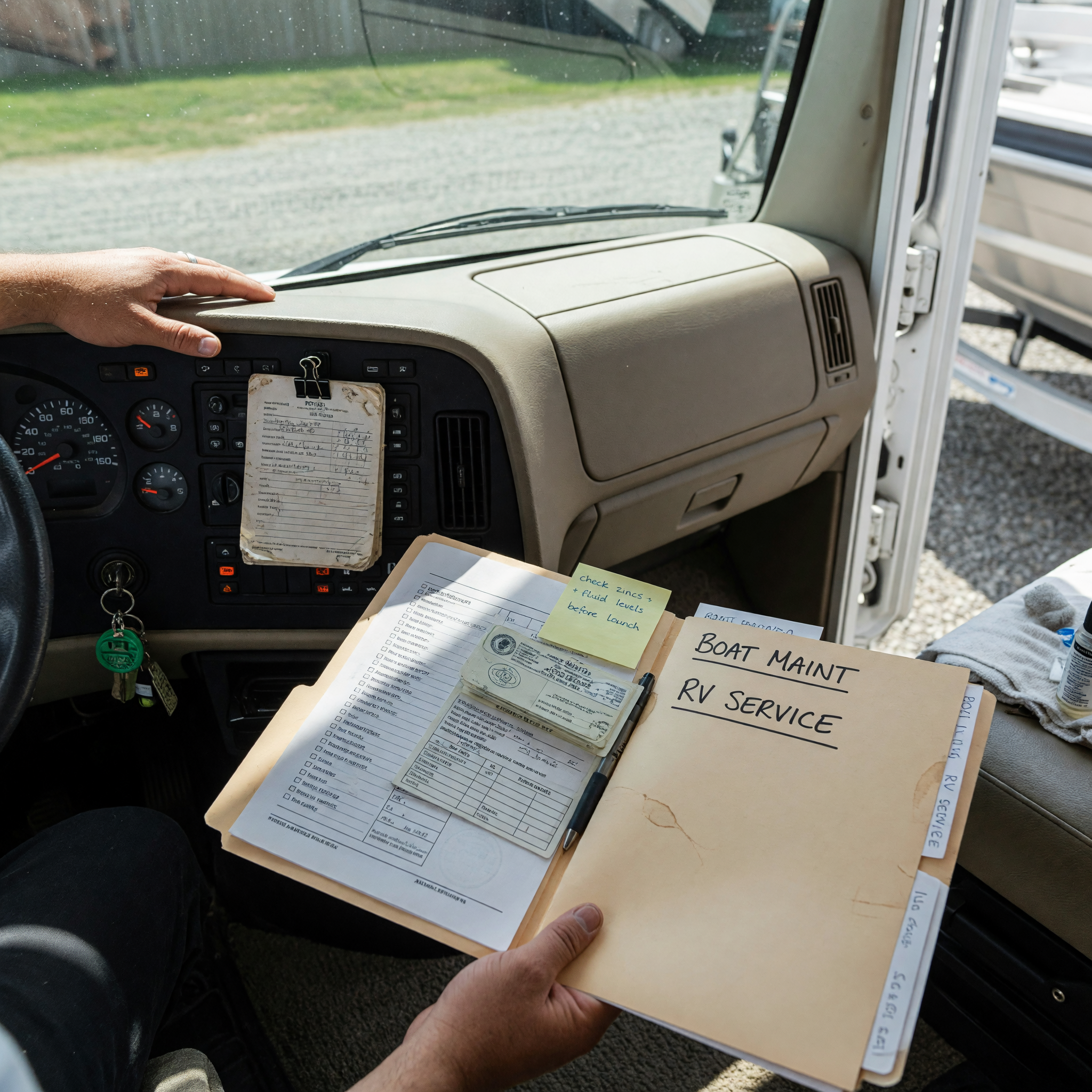 Person reviewing RV controls and boat paperwork