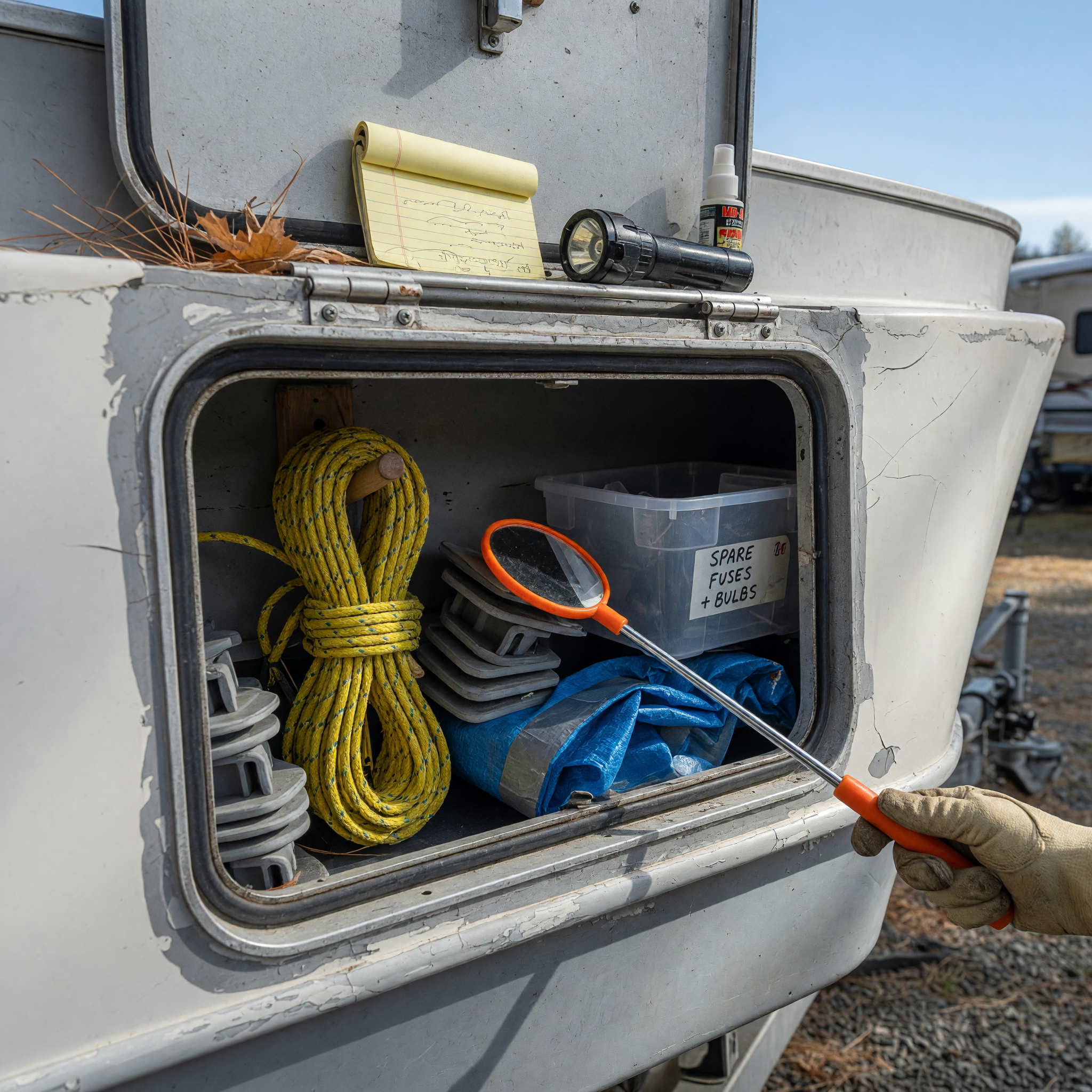 Close-up of a boat or RV being inspected for a listing