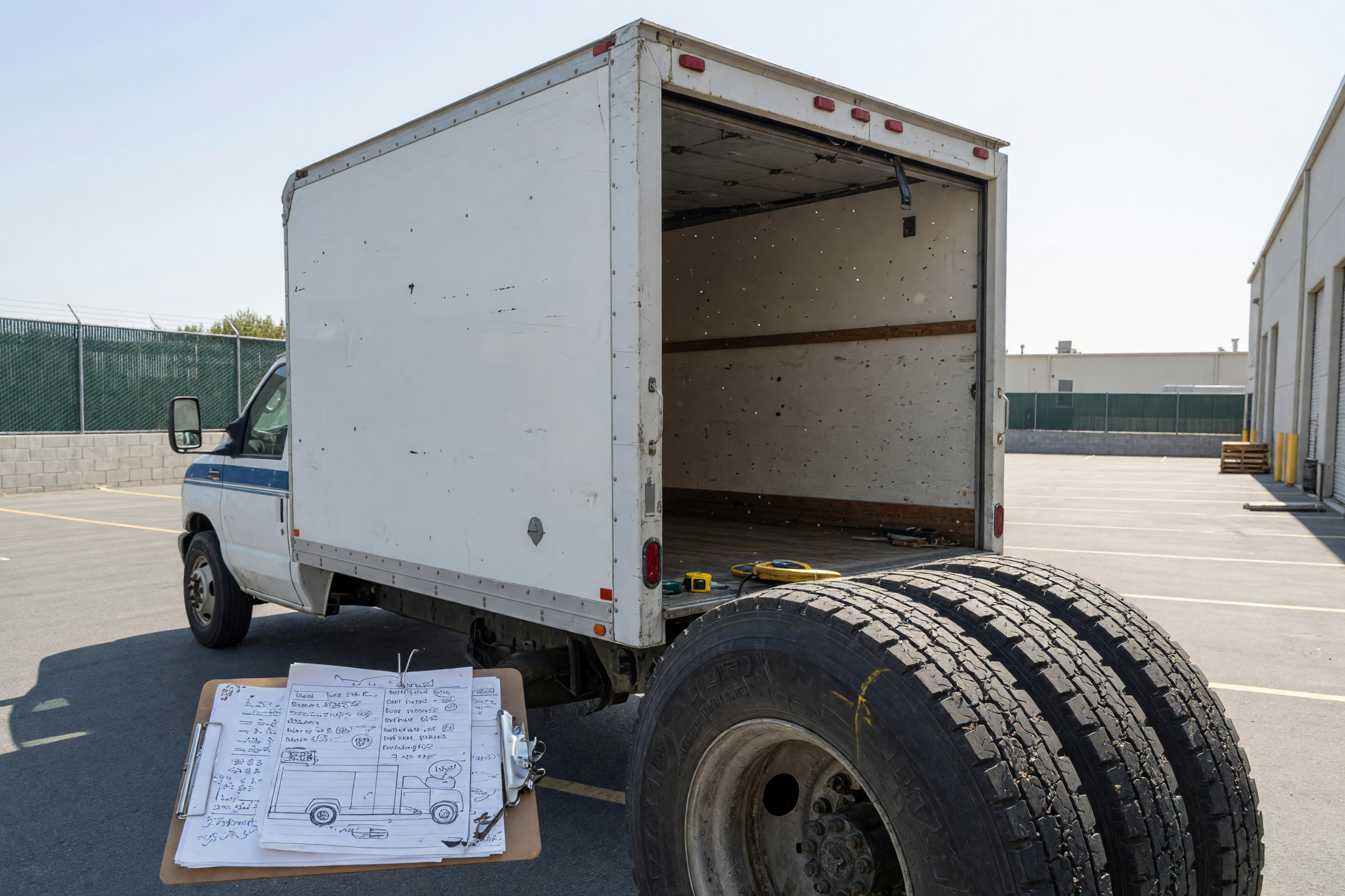 Used commercial box truck prepared for a local marketplace listing in an industrial lot