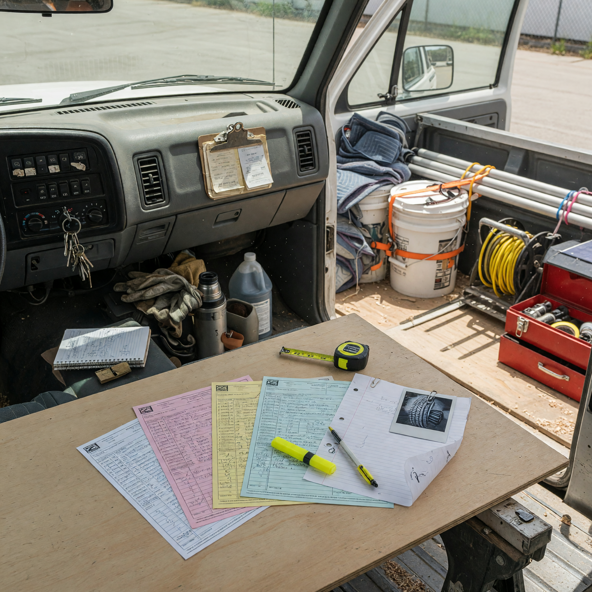 Work truck interior, cargo area, and documents for listing preparation