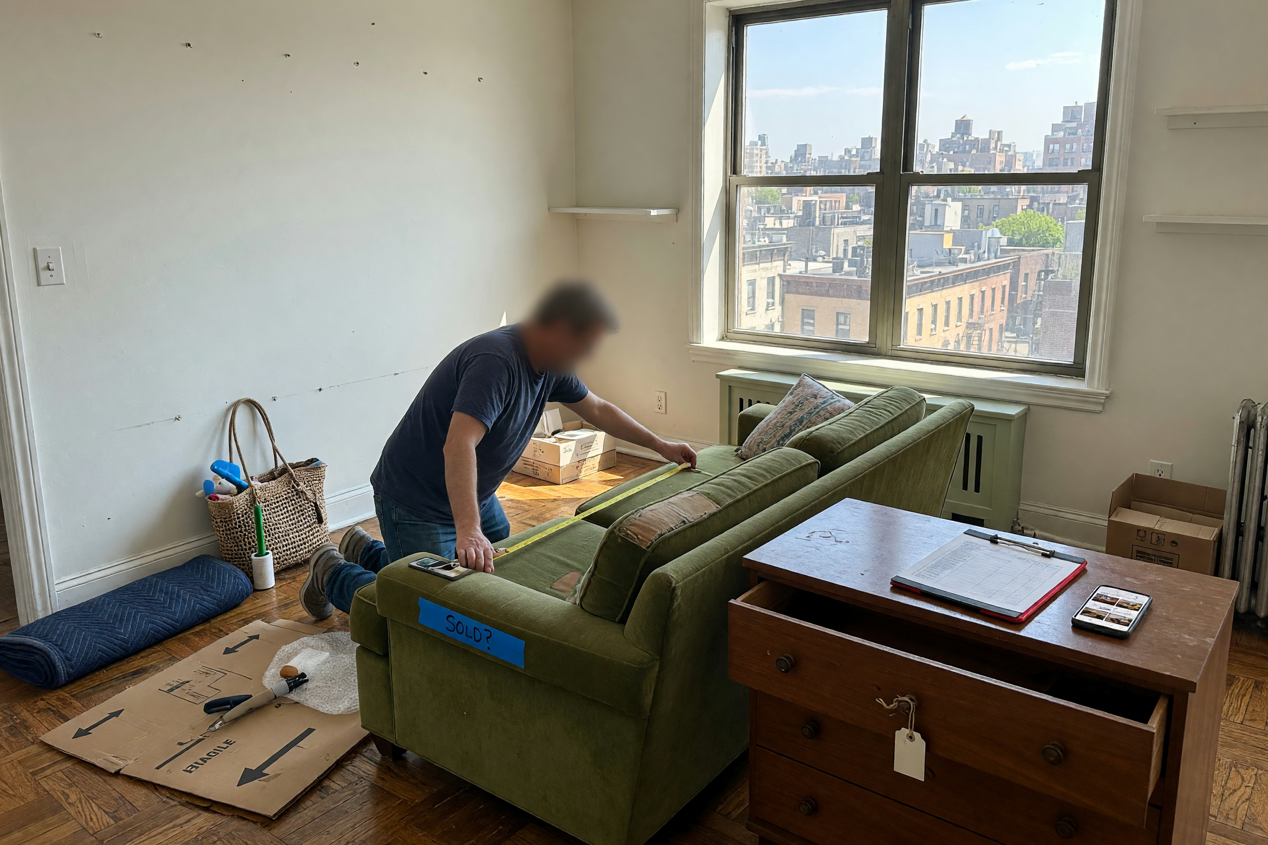 A person preparing a used sofa and wooden dresser for sale in a bright New York City apartment, with a measuring tape and phone nearby and a city view through the window