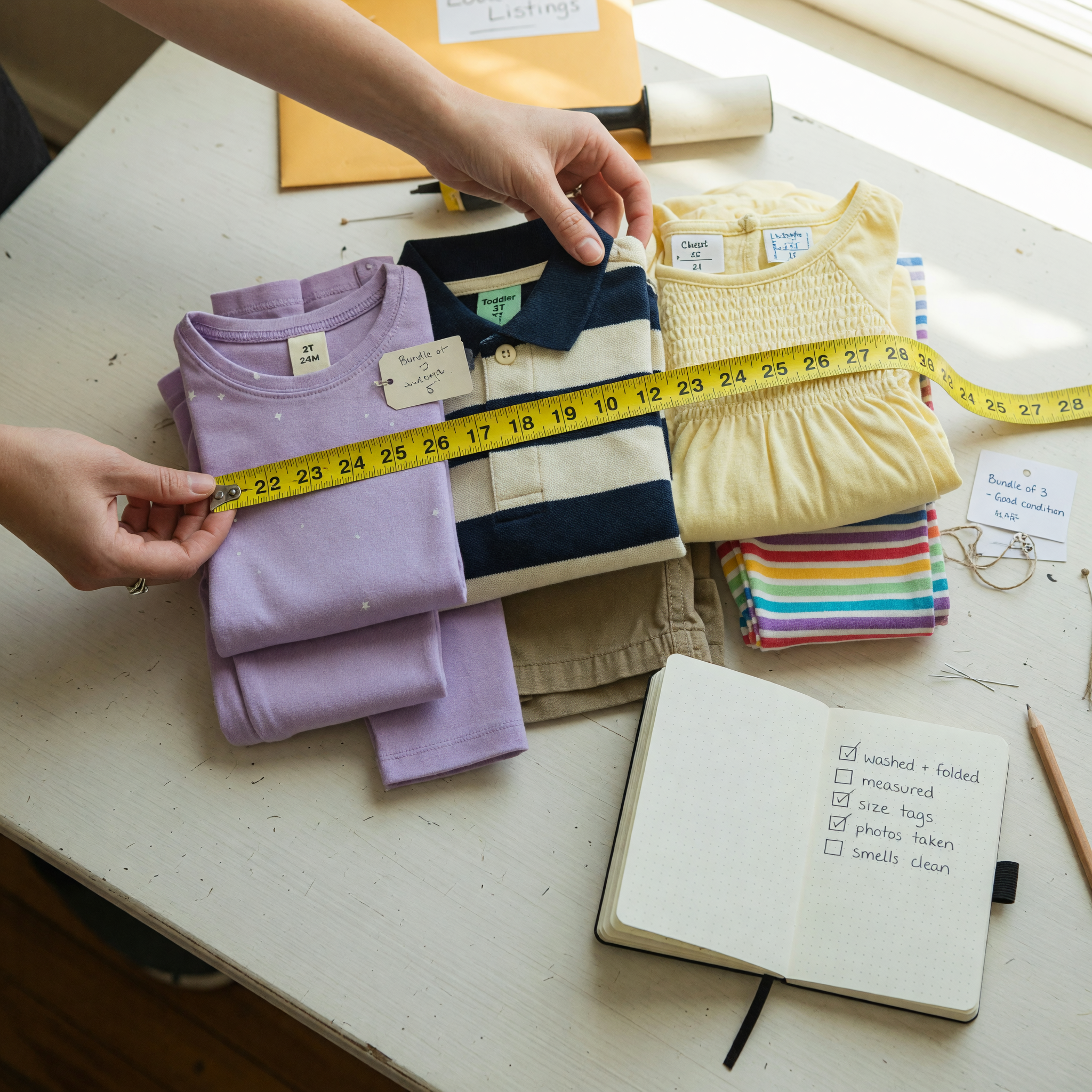Folded kids clothes with size tags and a measuring tape prepared for a local listing
