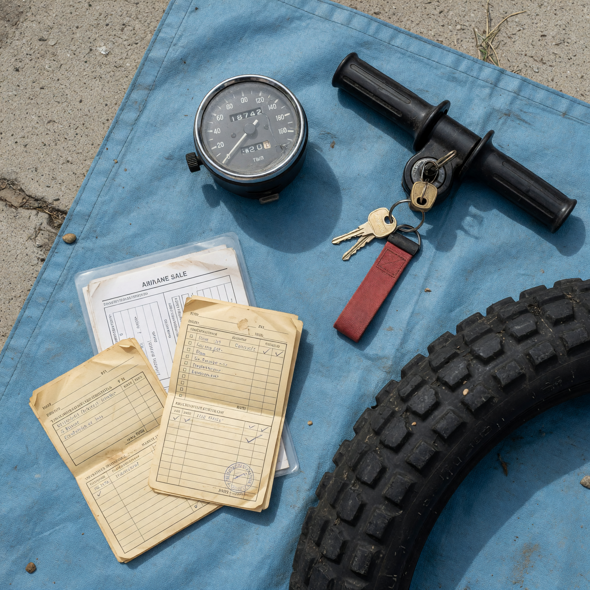 Close detail of motorcycle controls, odometer, keys, and maintenance papers for a used listing