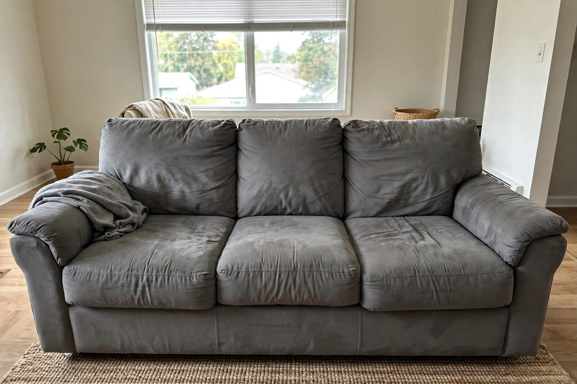 A gray fabric 3-seat sofa in a bright living room, full view, showing cushions and arms