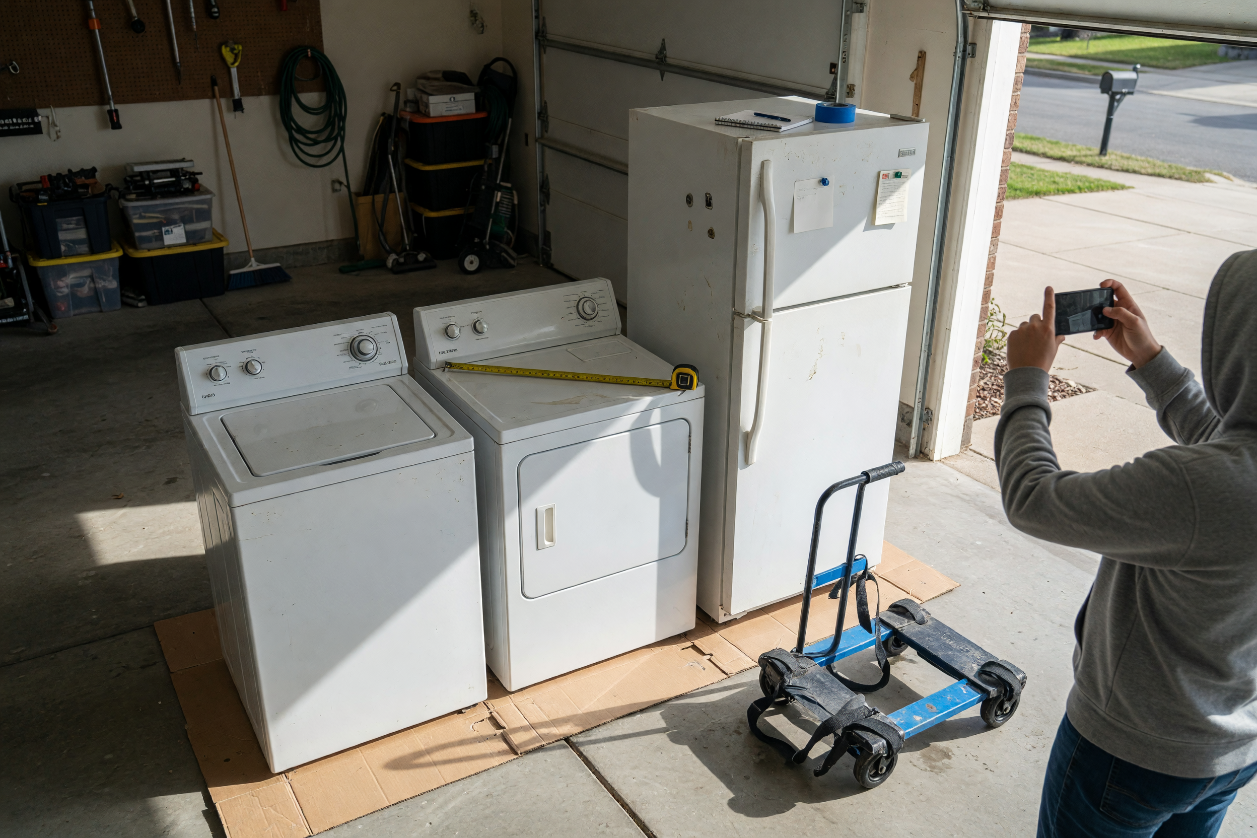 Used washer, dryer, and refrigerator staged in a garage for local marketplace photos with a dolly nearby