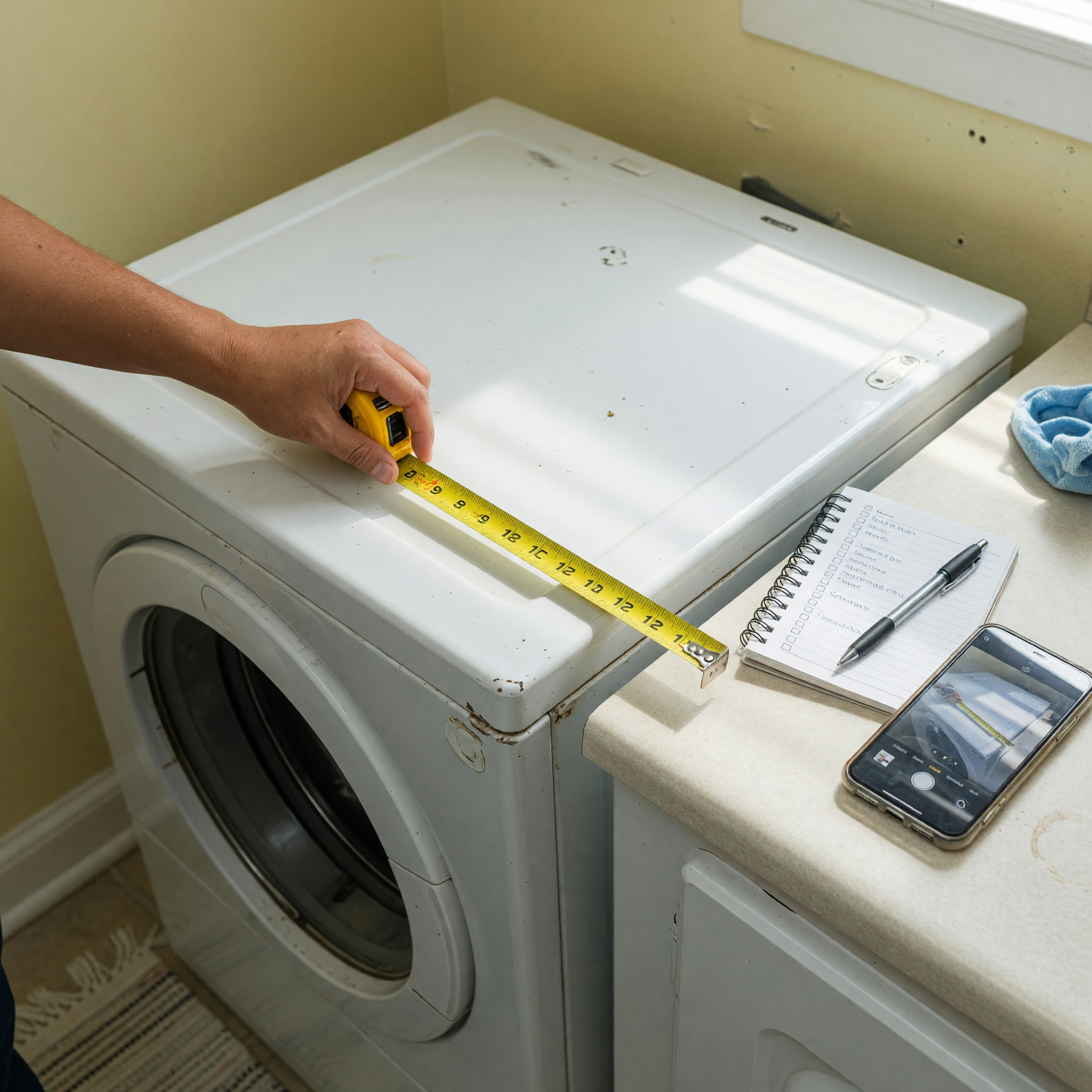 Hand measuring the width of a used washing machine beside a phone and appliance listing checklist
