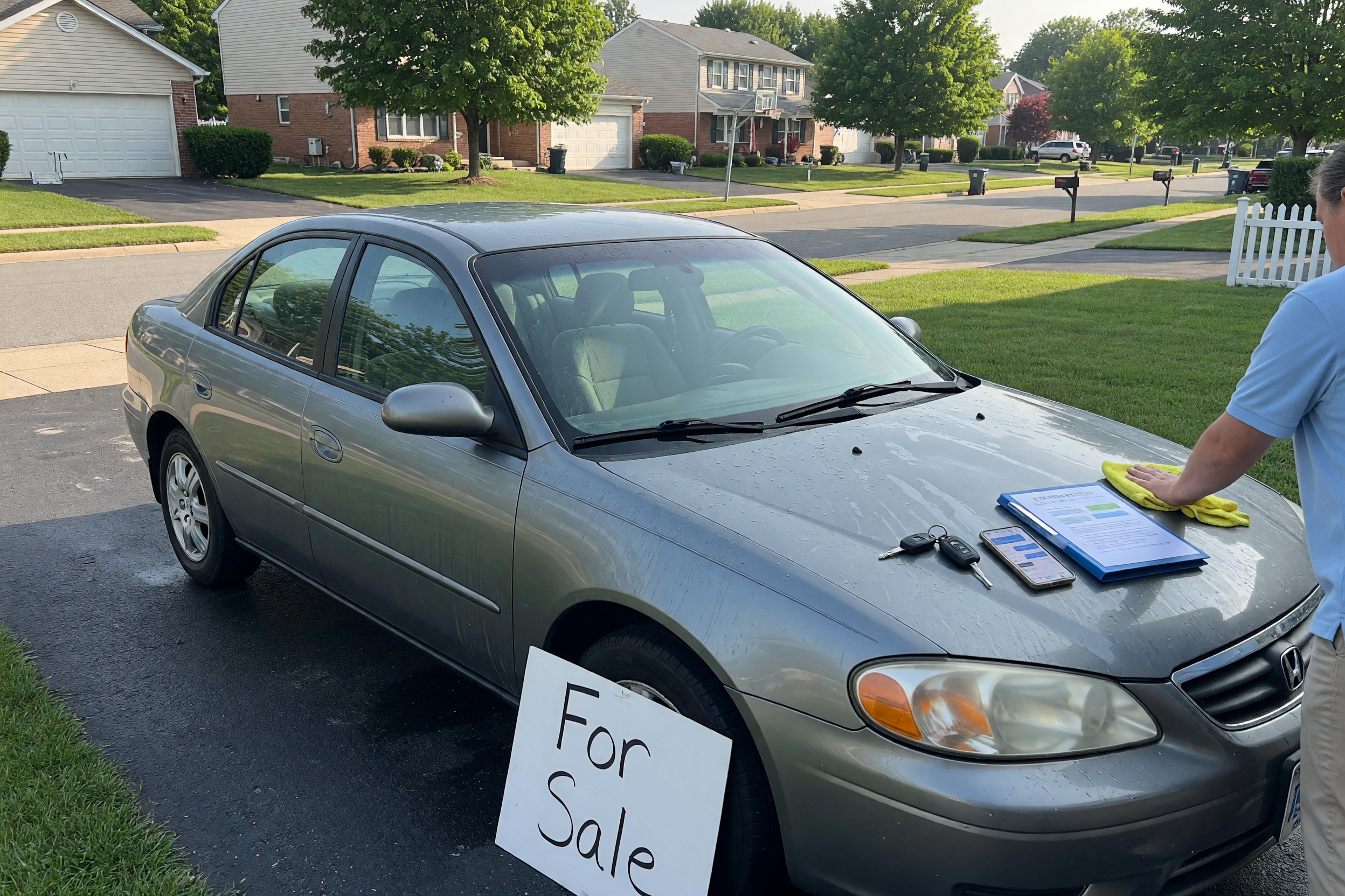 A clean used sedan parked in a residential driveway in daylight with keys on the hood, ready for a local sale