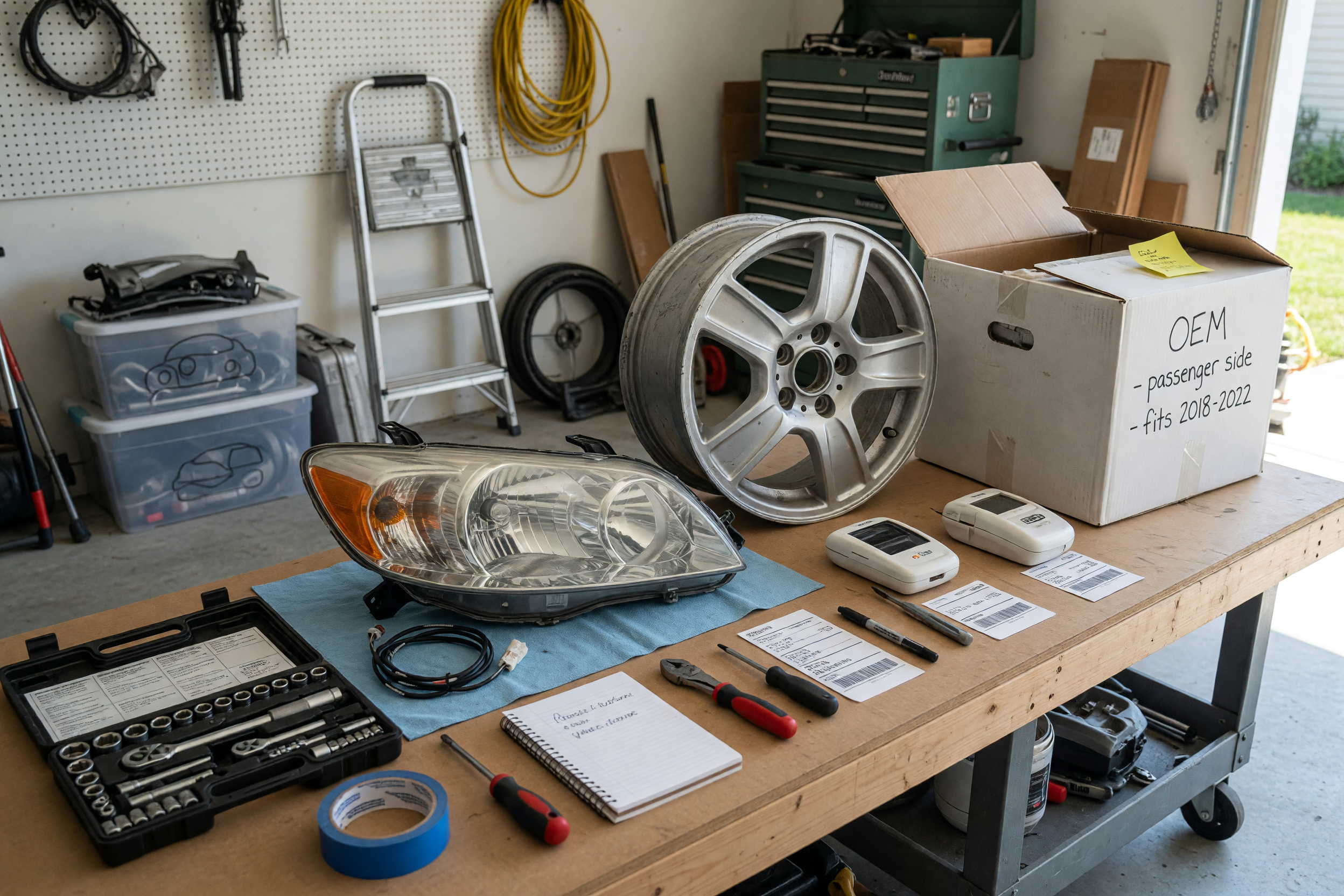 Used car parts arranged on a clean garage workbench for a local marketplace listing