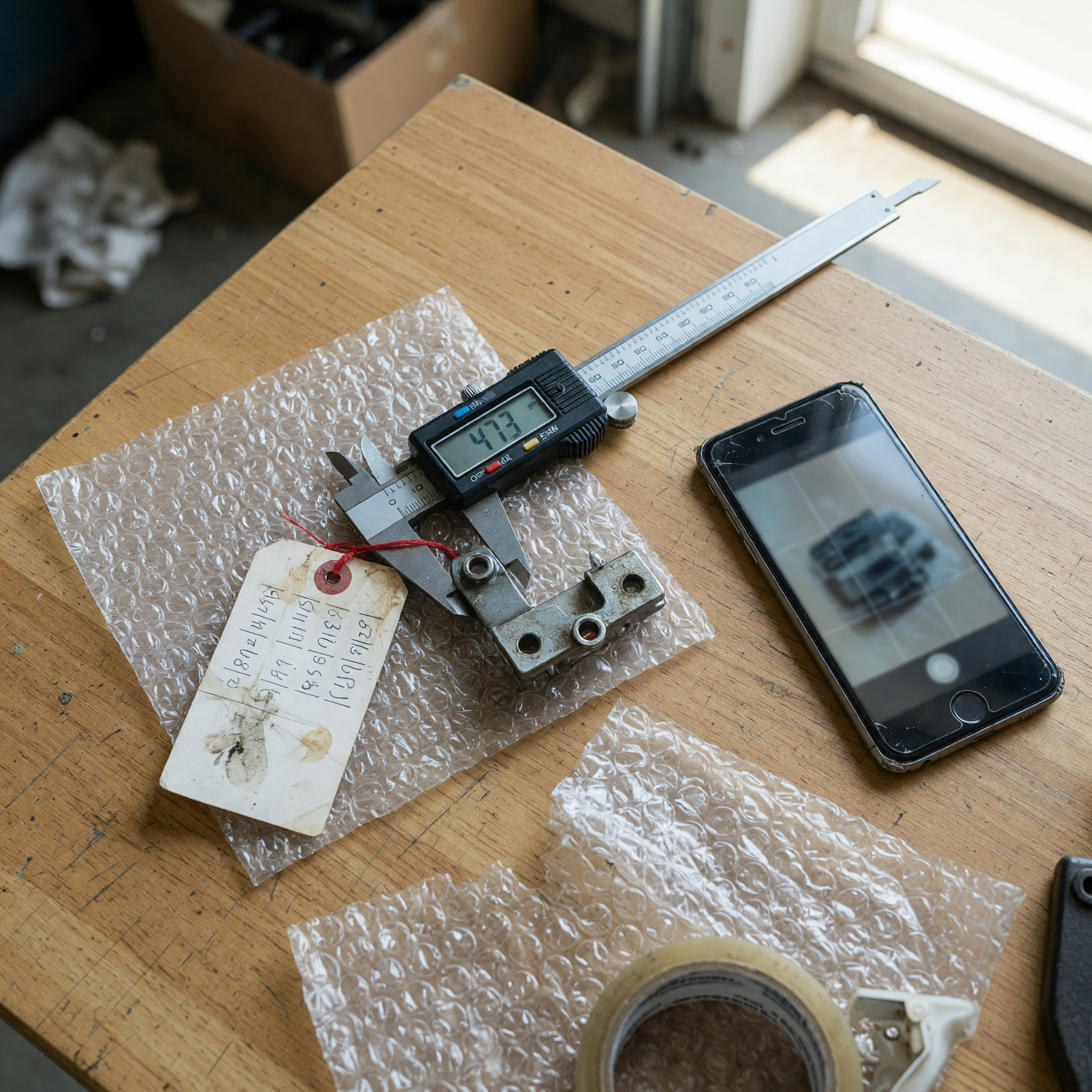 Used auto part listing preparation with measuring caliper, phone camera, bubble wrap, and a clean workbench
