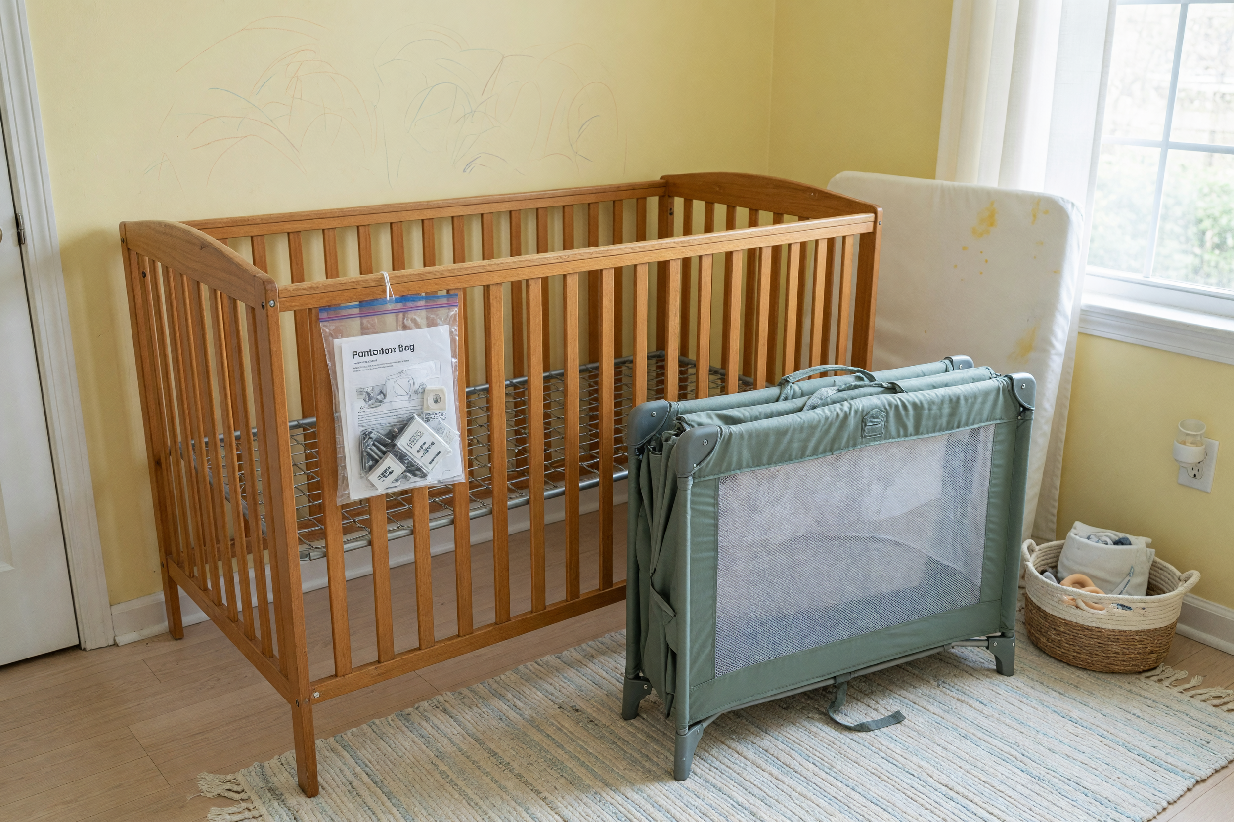 Clean used wooden baby crib and folded Pack-n-Play prepared for a local marketplace listing