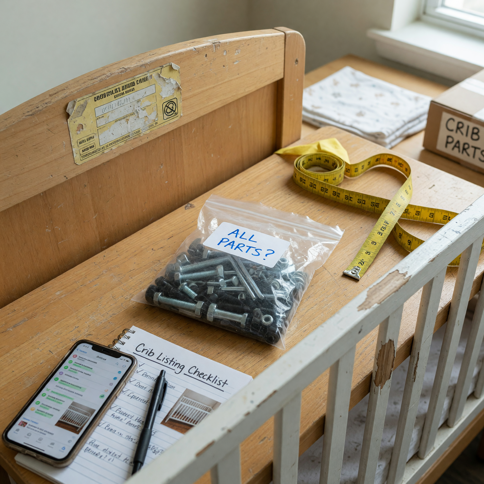 Used crib listing preparation with model label area, hardware bag, measuring tape, and phone checklist