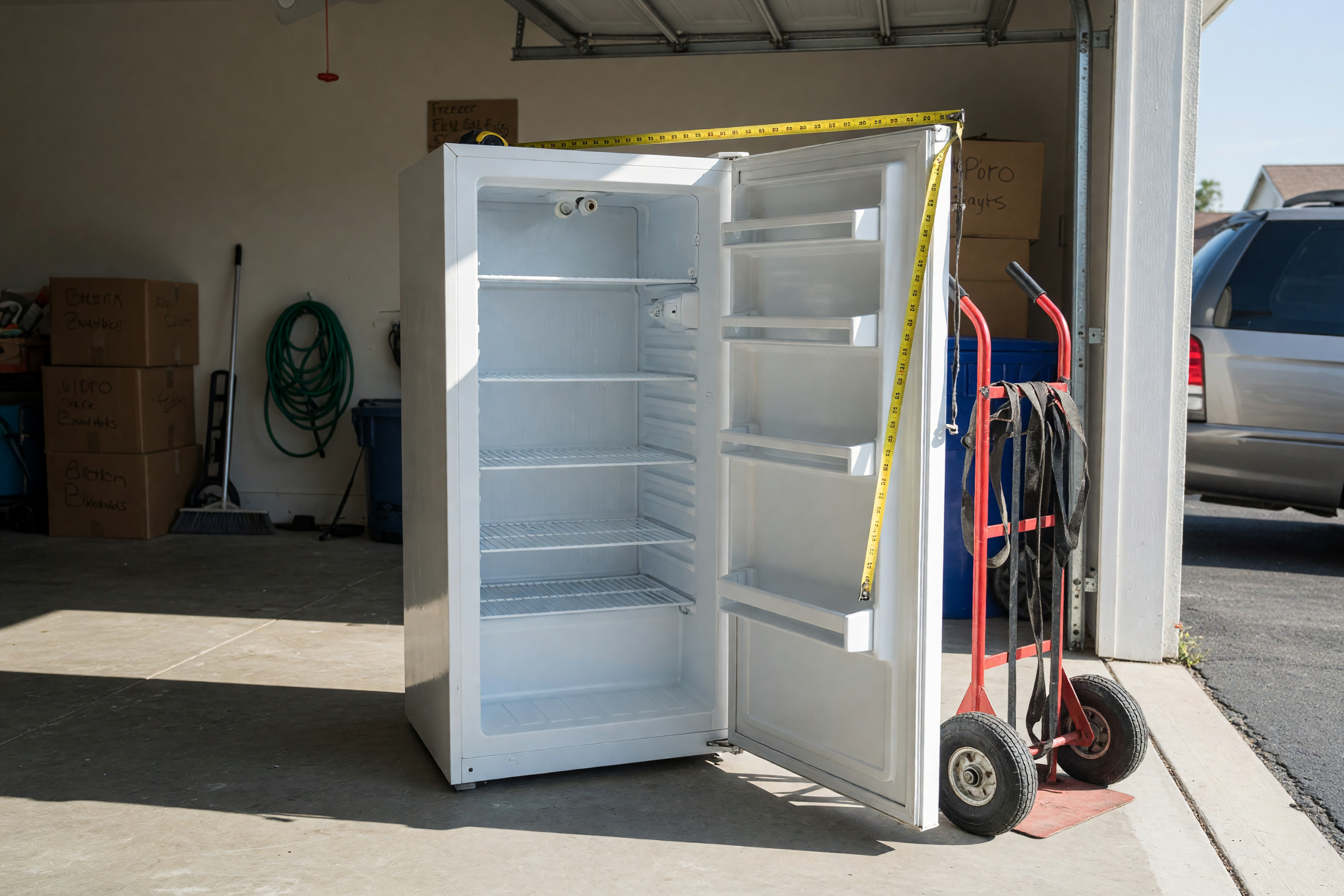 Clean used upright freezer staged in a garage with measuring tape and hand truck for pickup