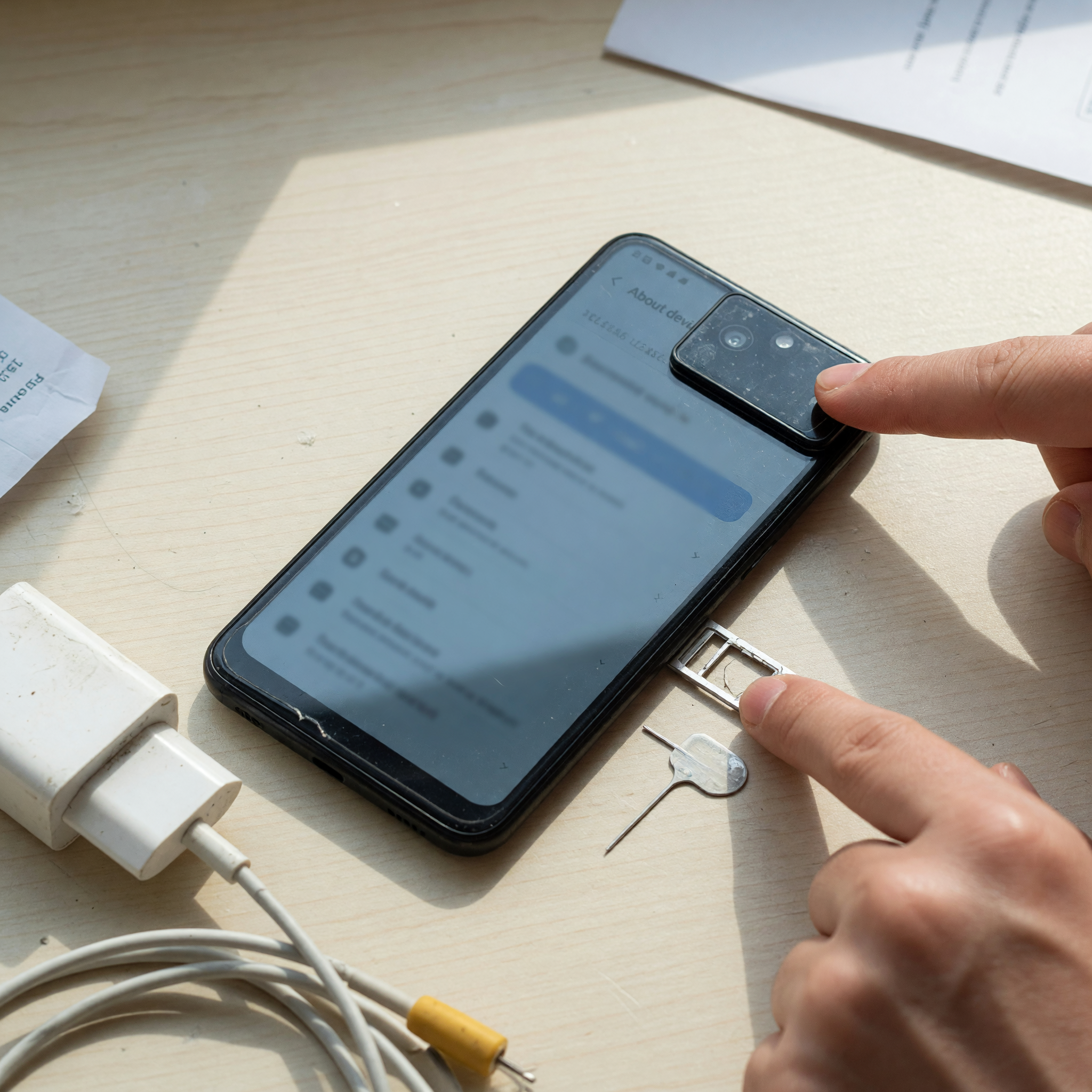 Seller checking the screen edge and device details of a used smartphone before making a local listing