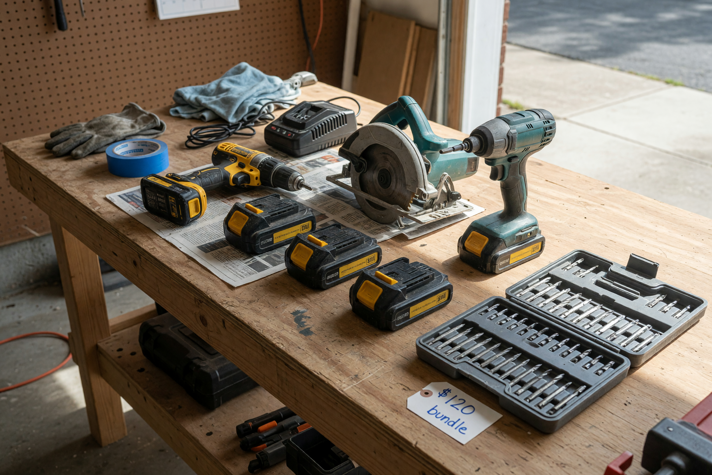 Used cordless power tools, batteries, charger, and accessories arranged on a garage workbench