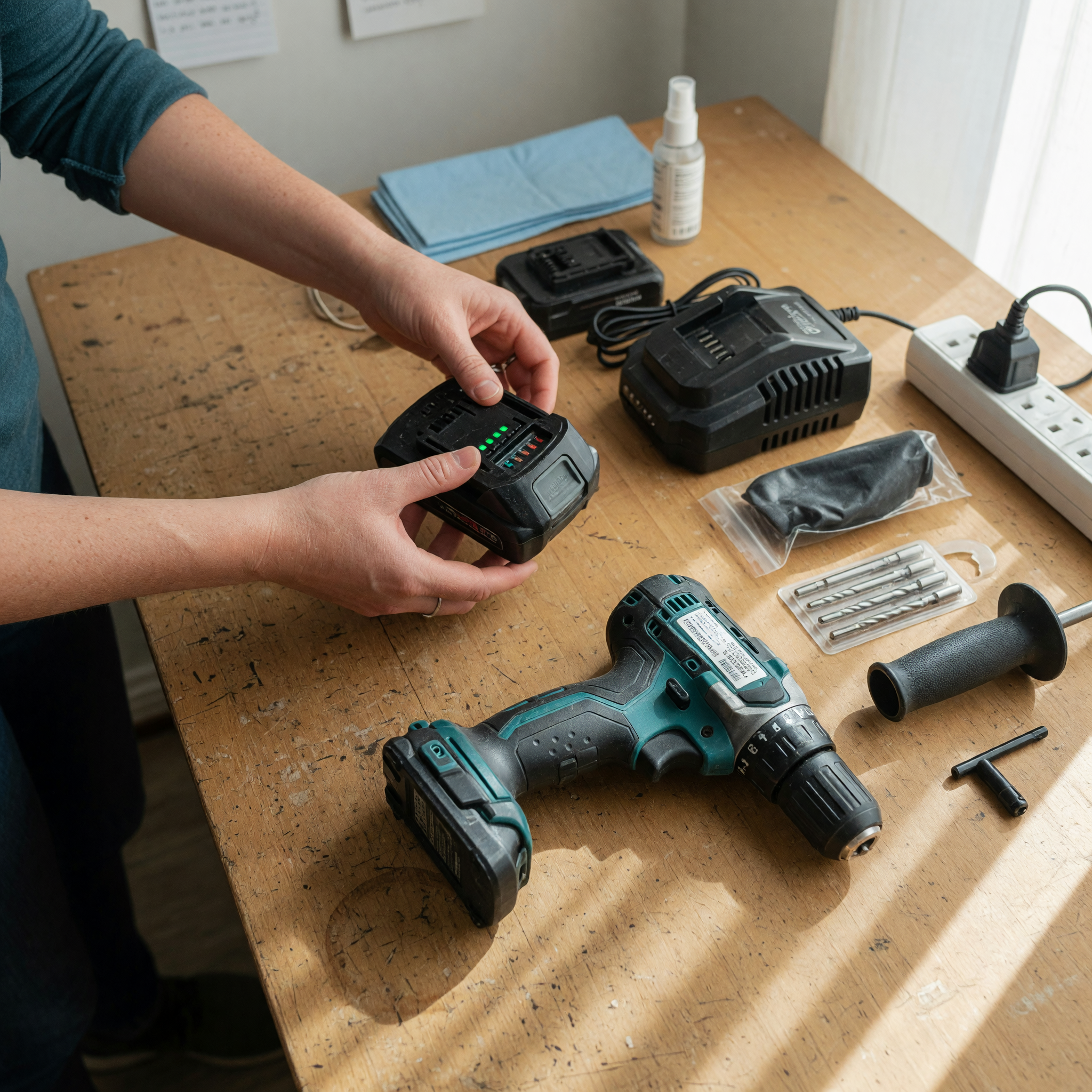 Used cordless power tool battery, charger, model label, and accessories arranged for a listing photo