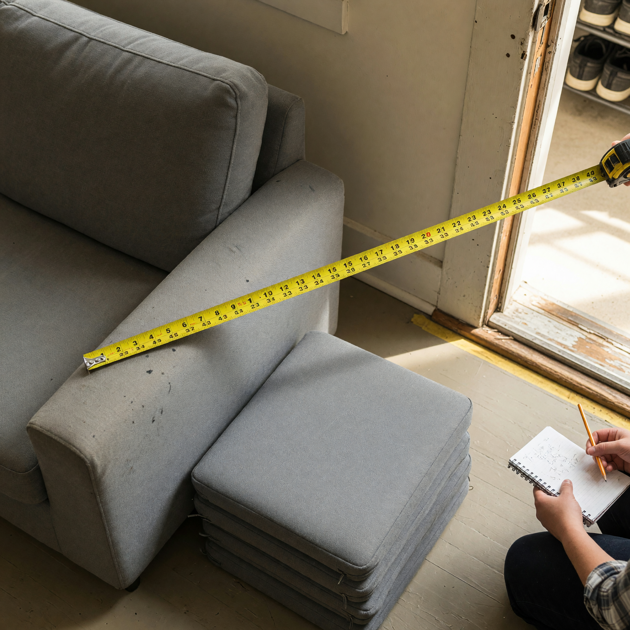 Measuring tape stretched across the arm of a used sofa beside a doorway threshold with cushions stacked for pickup planning