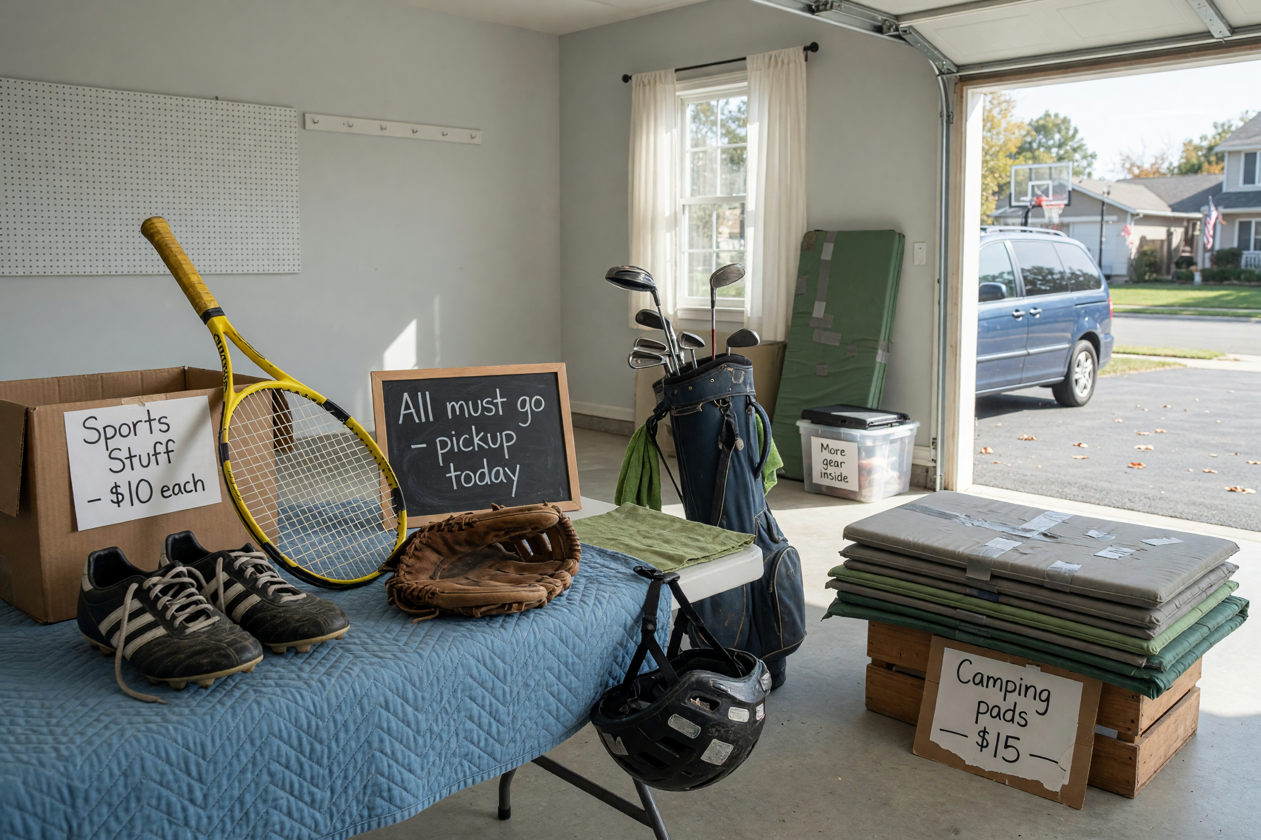 Used sports equipment organized in a garage for a local marketplace listing