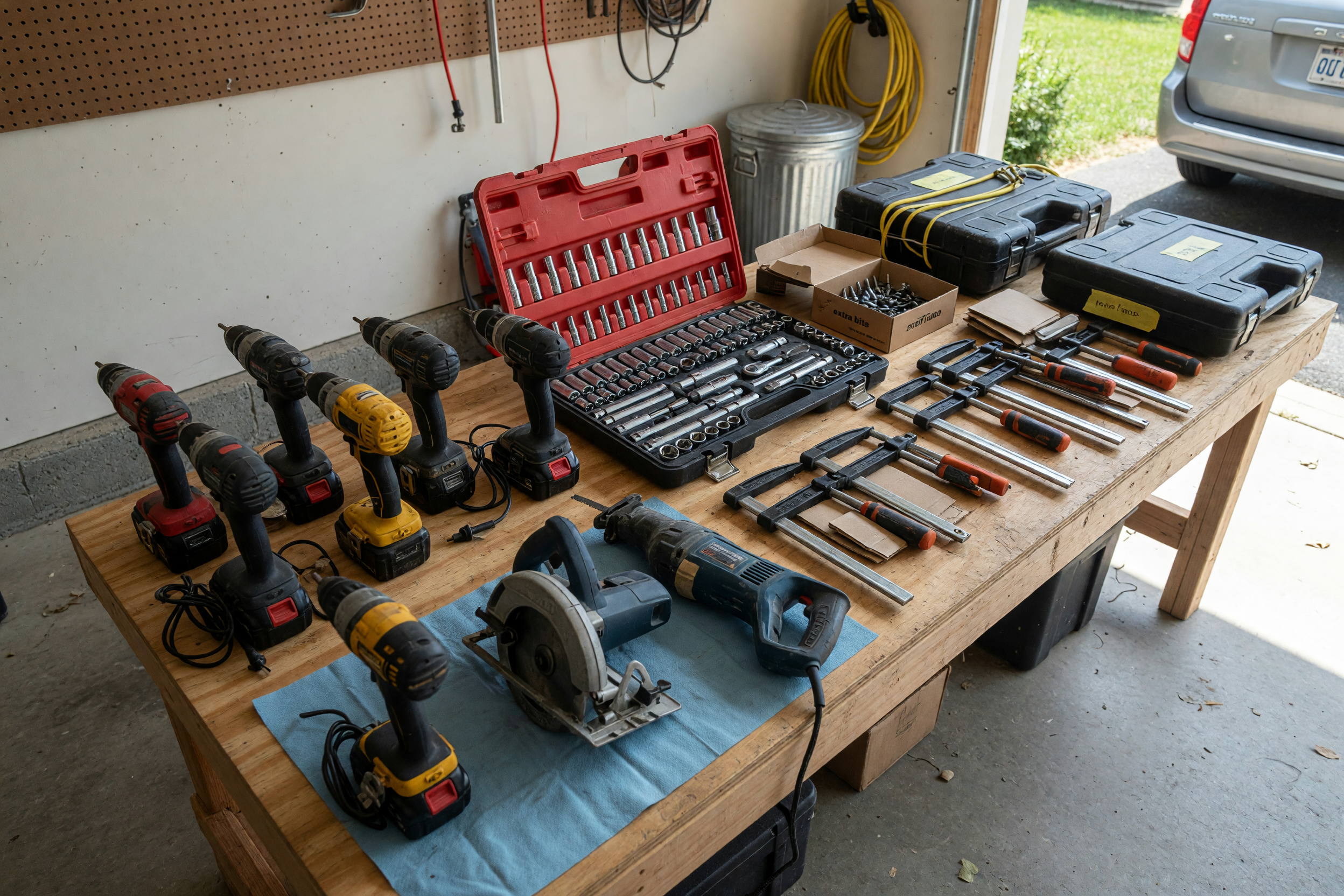 Used power tools and hand tools organized on a garage workbench for a local marketplace listing