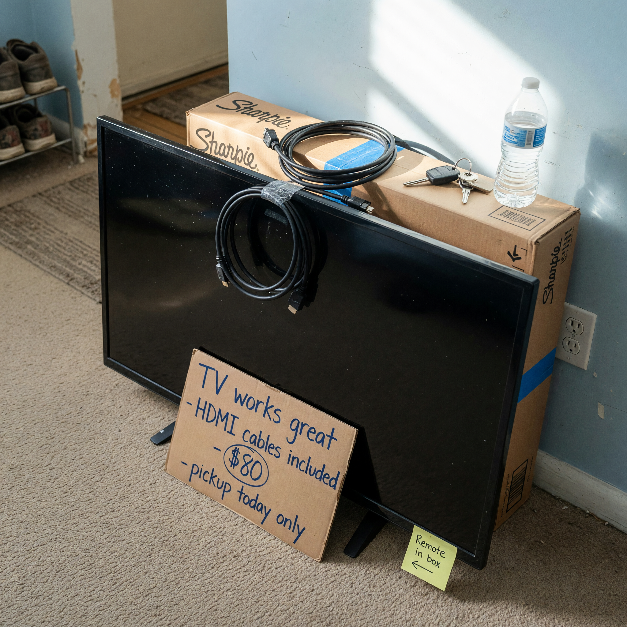 A flat-screen TV prepared for a local pickup sale