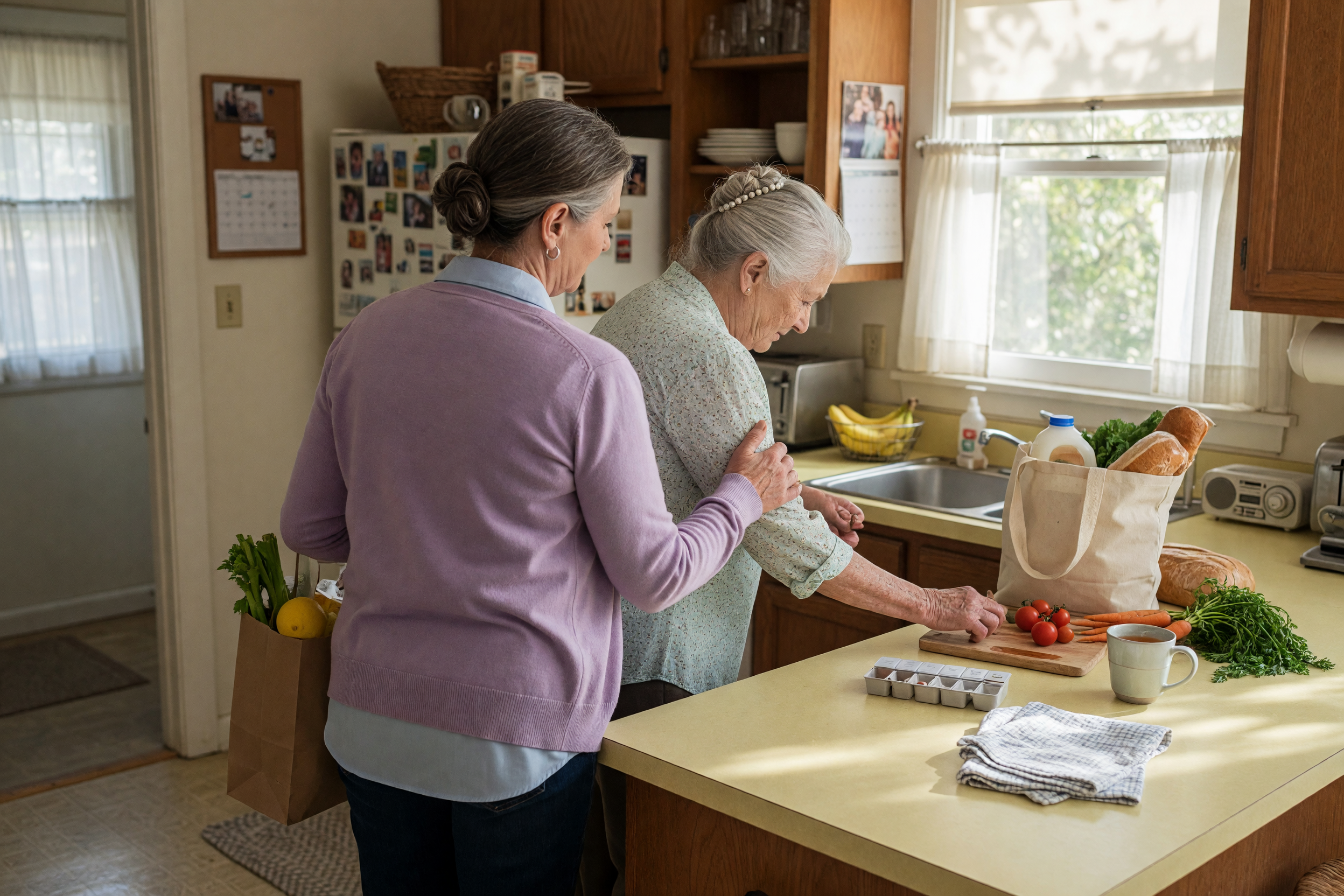 A local companion caregiver helping an older adult put away groceries in a bright home kitchen