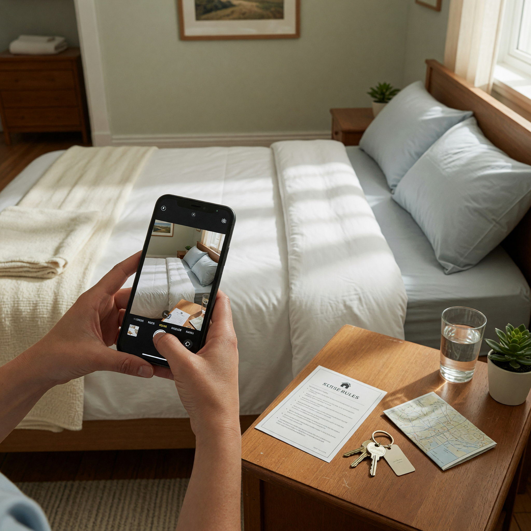 A host holding a smartphone photographing a neatly made bed in a furnished rental room, with a printed house-rules card and a set of keys on the nightstand in warm natural light