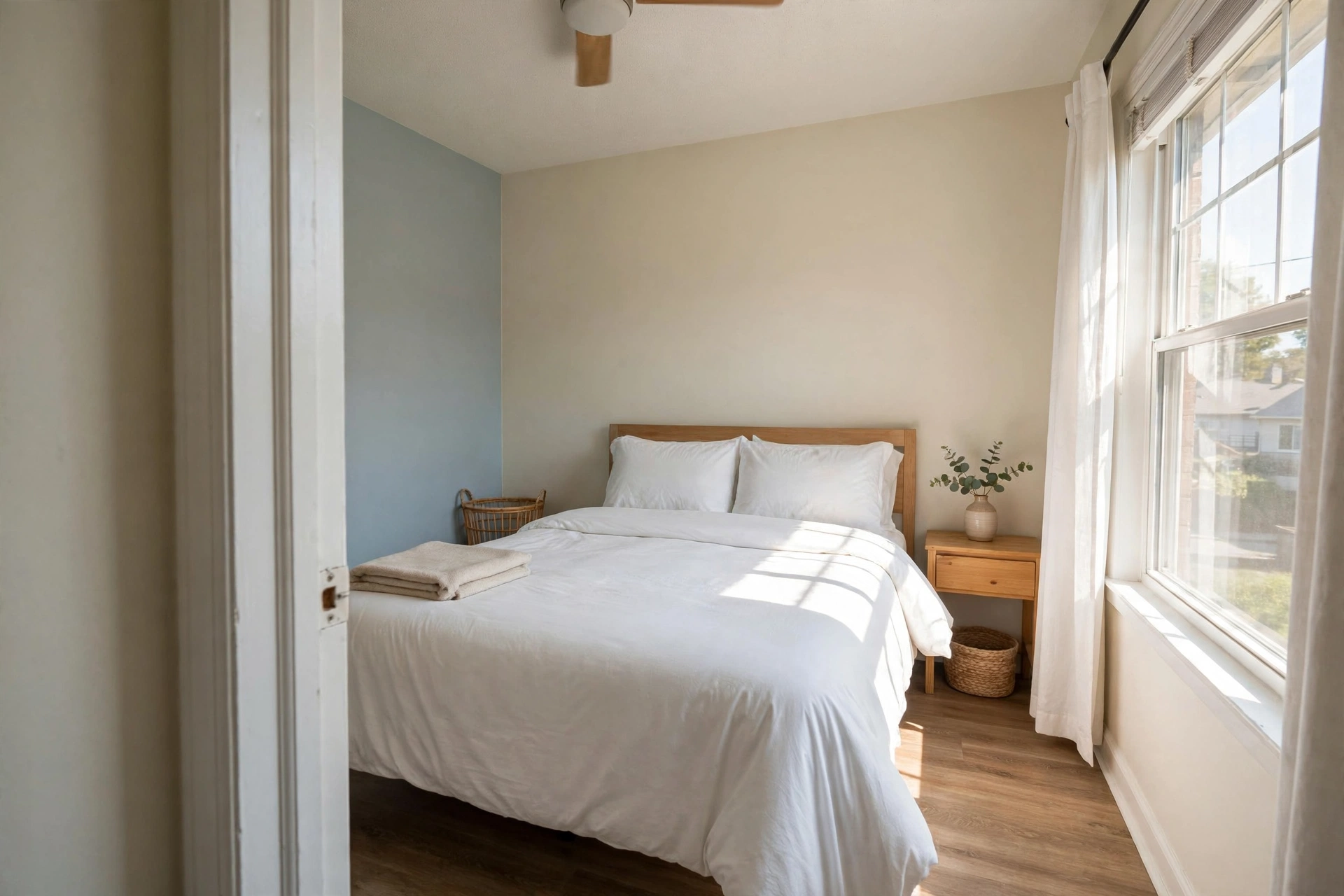 Bright furnished bedroom with a made queen bed, white bedding, a wooden nightstand, and sunlight through a window