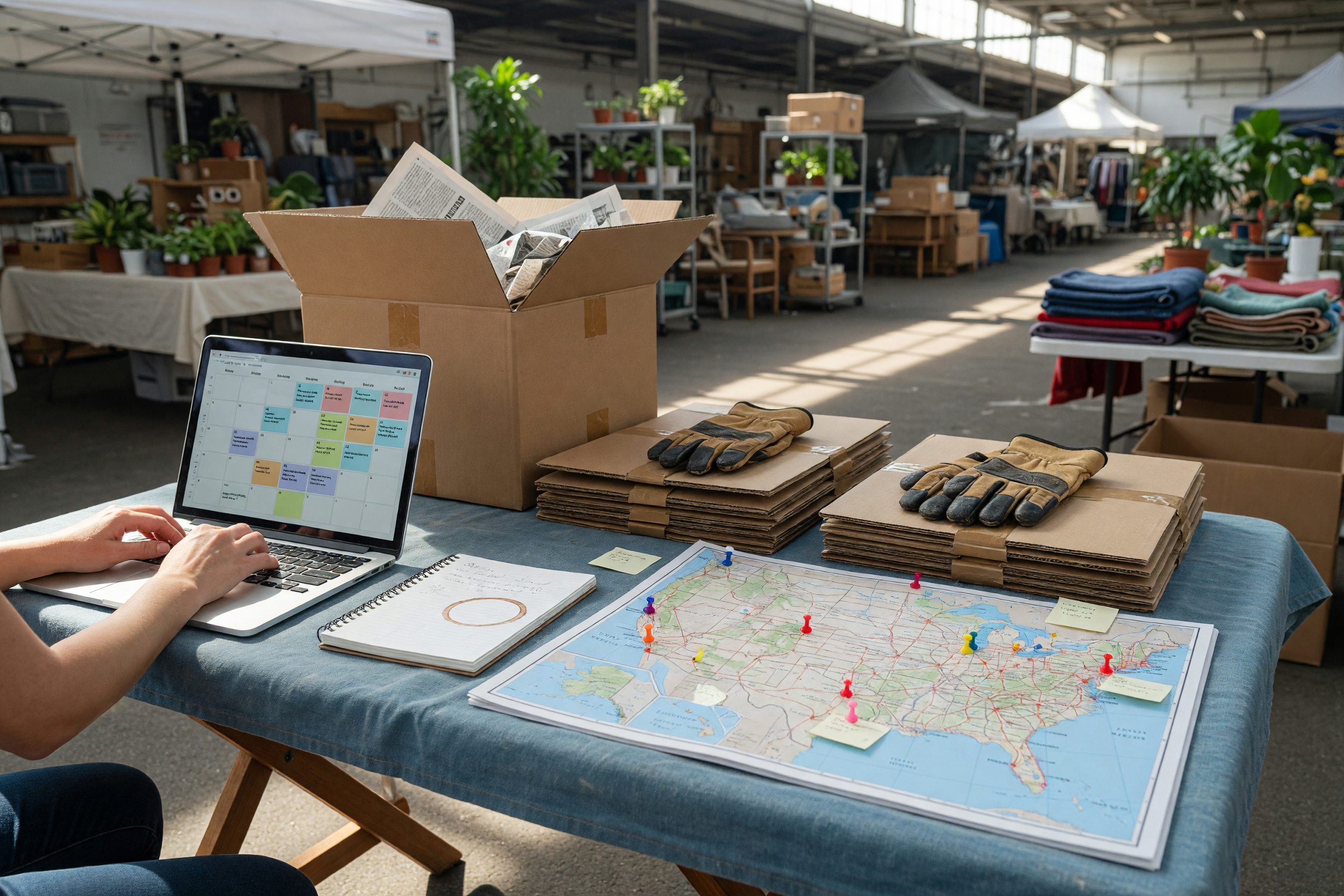 Small business owner planning short-term local work listings with a laptop, calendar, boxes, and work gloves
