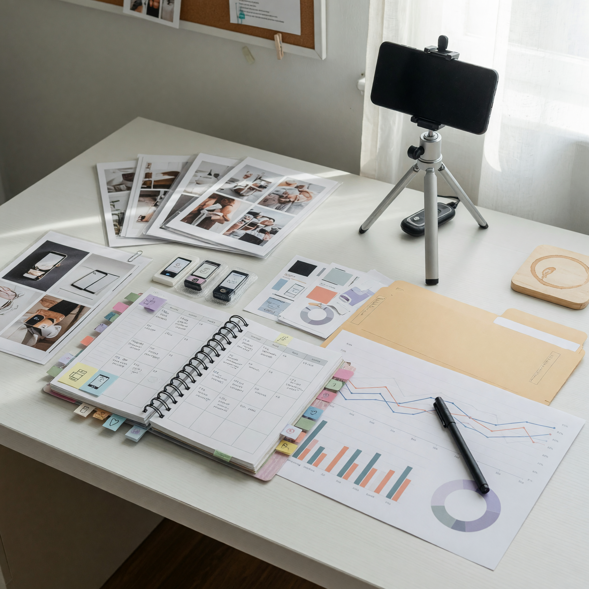 Social media service provider organizing content assets with a smartphone, planner, and analytics notes on a tidy desk