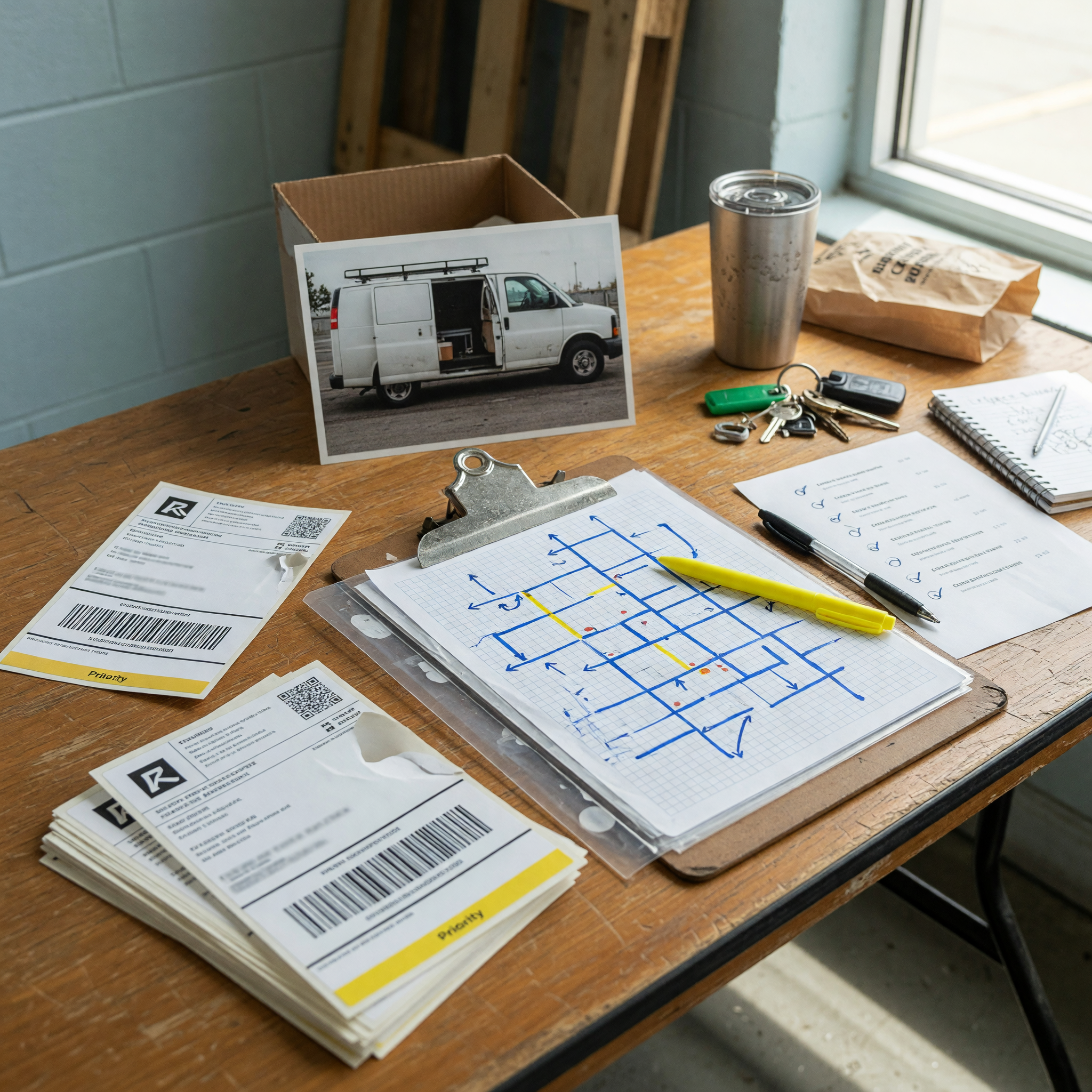Courier route planning scene with packages and a vehicle