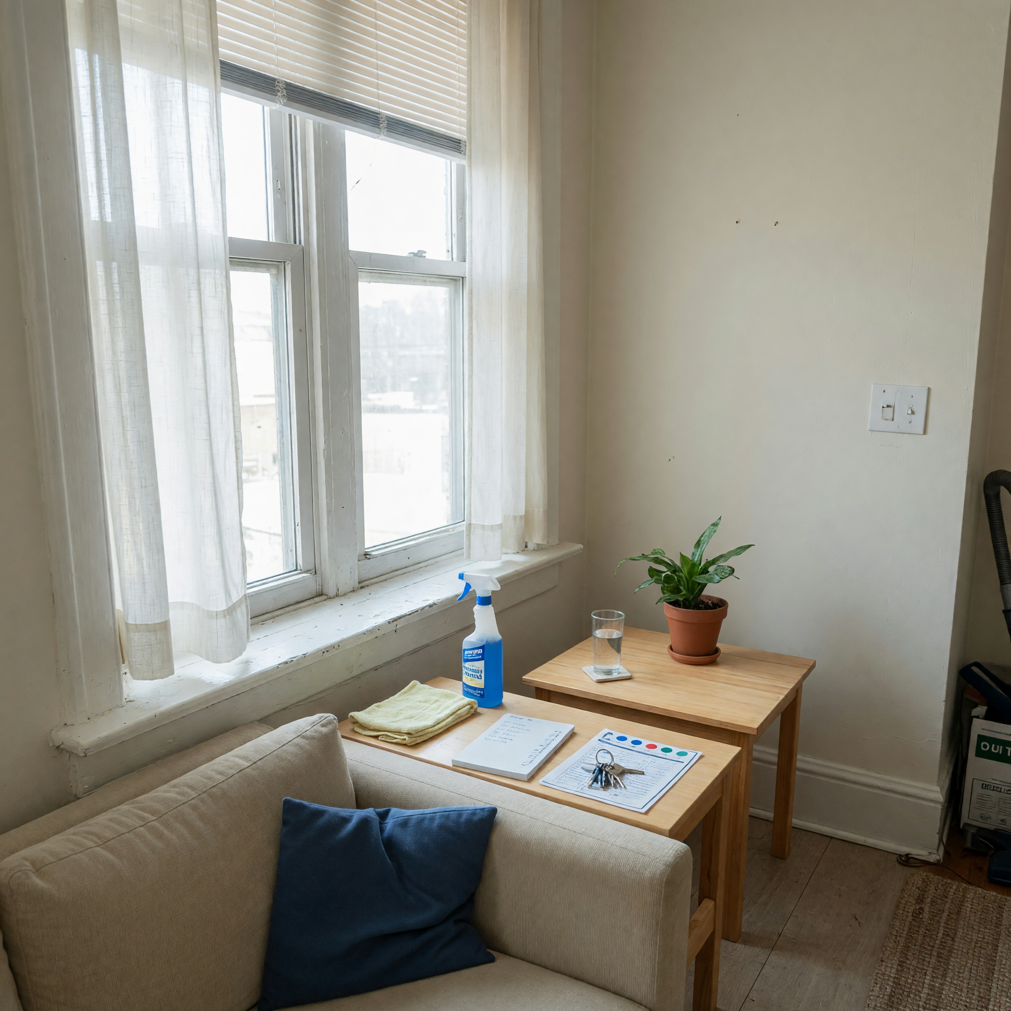 Clean rental apartment room with simple decor and daylight