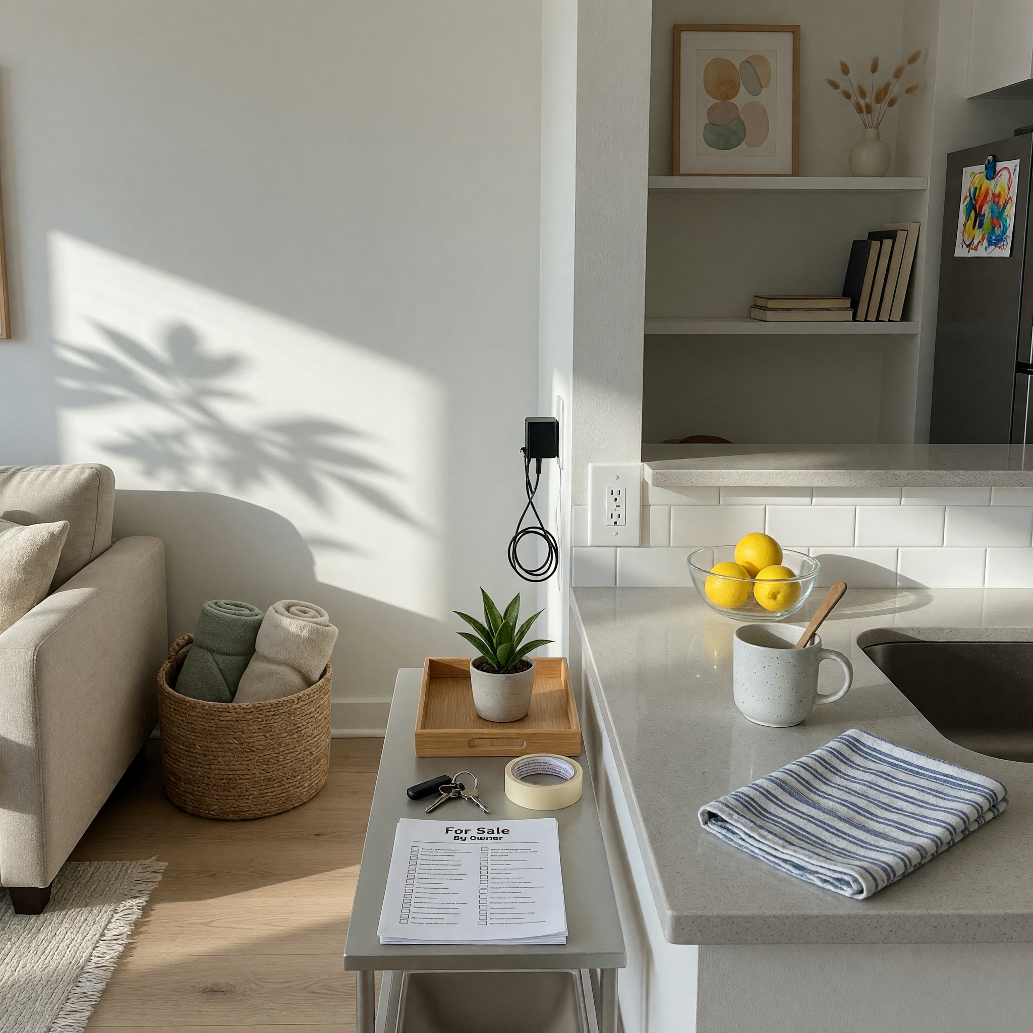 Tidy apartment living room and kitchen
