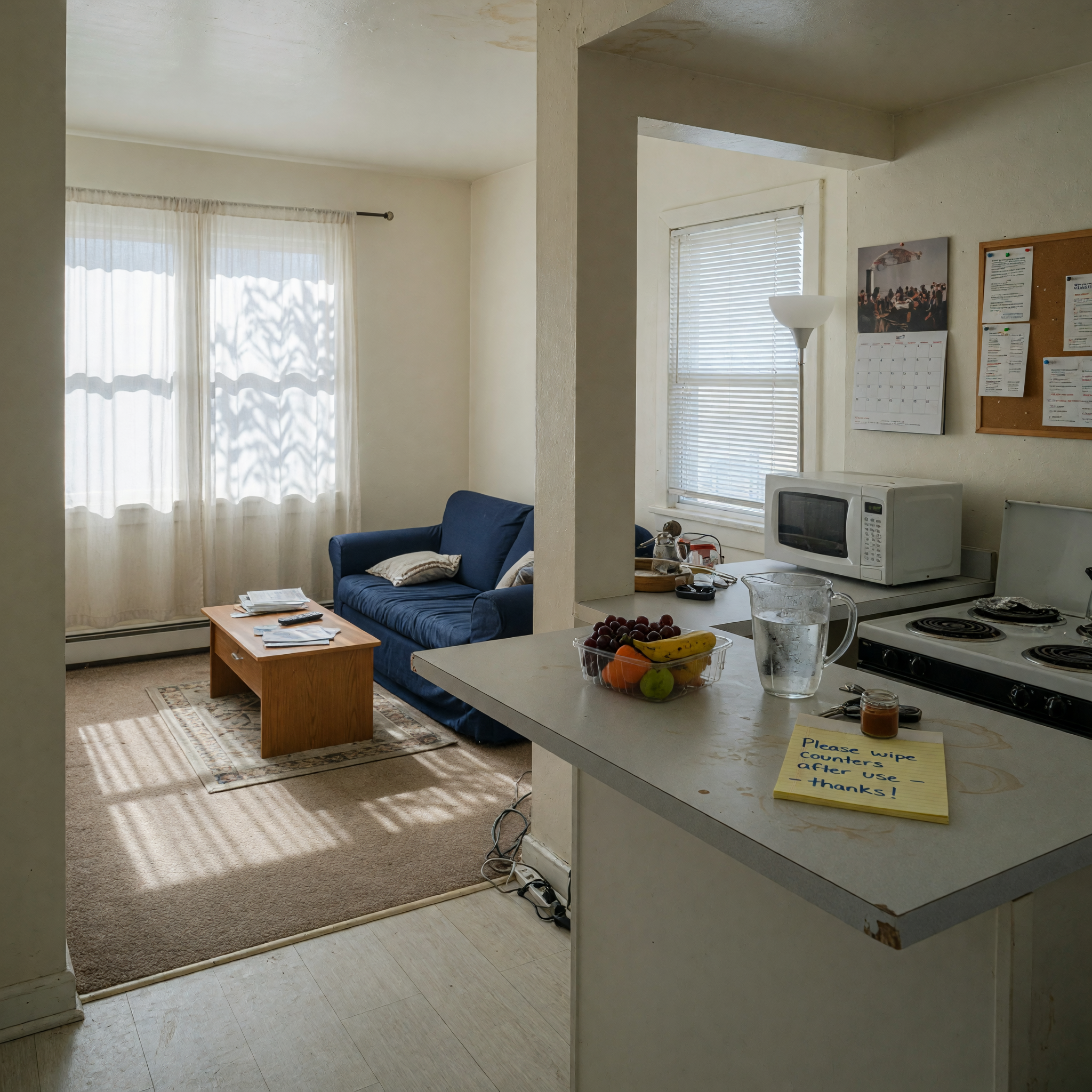 Modern apartment living room and kitchen with clean, simple staging